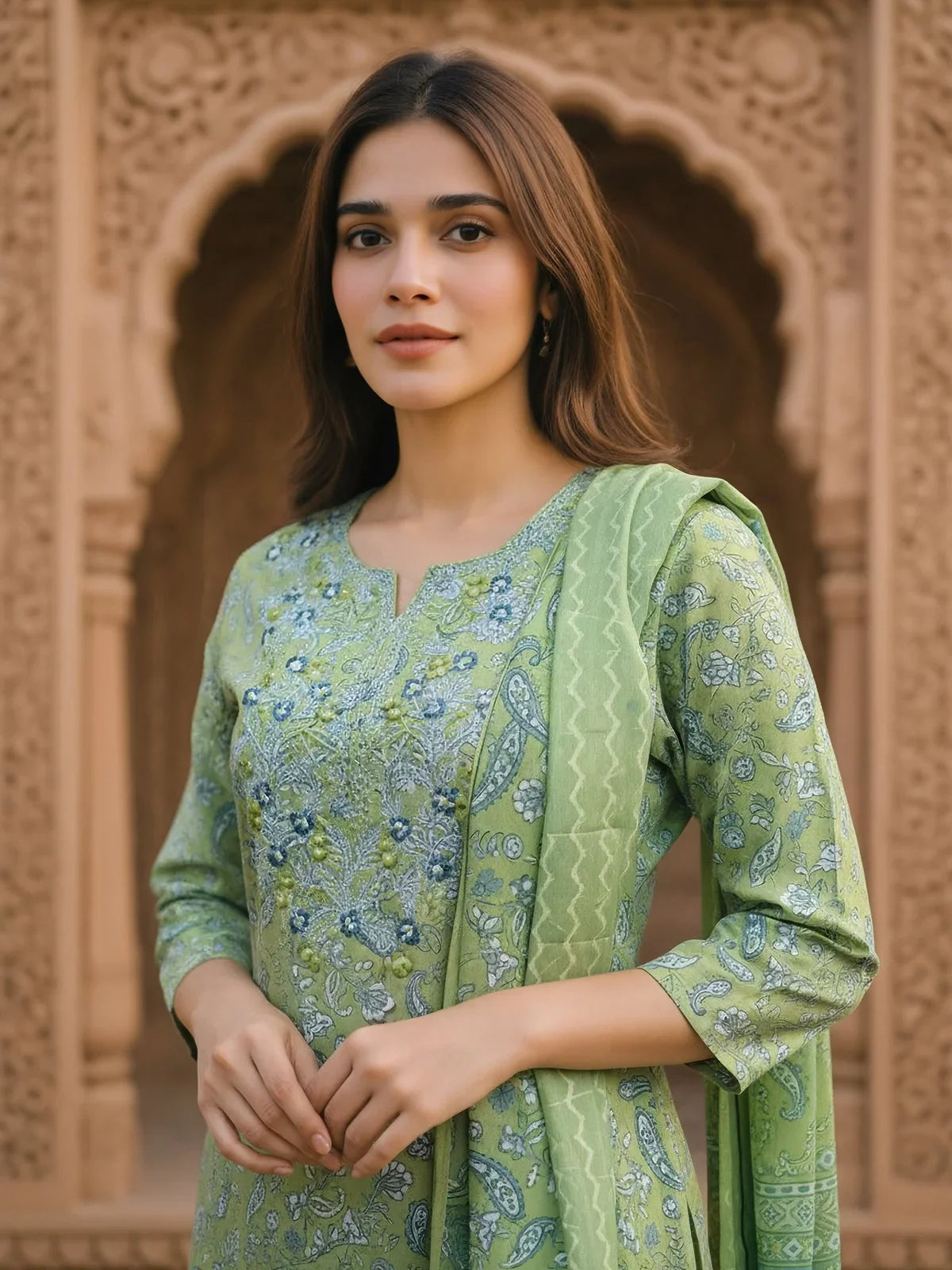 Buy Cotton Blend Embroidered Straight Calf Length Kurta with Pant and Dupatta-Lime Green