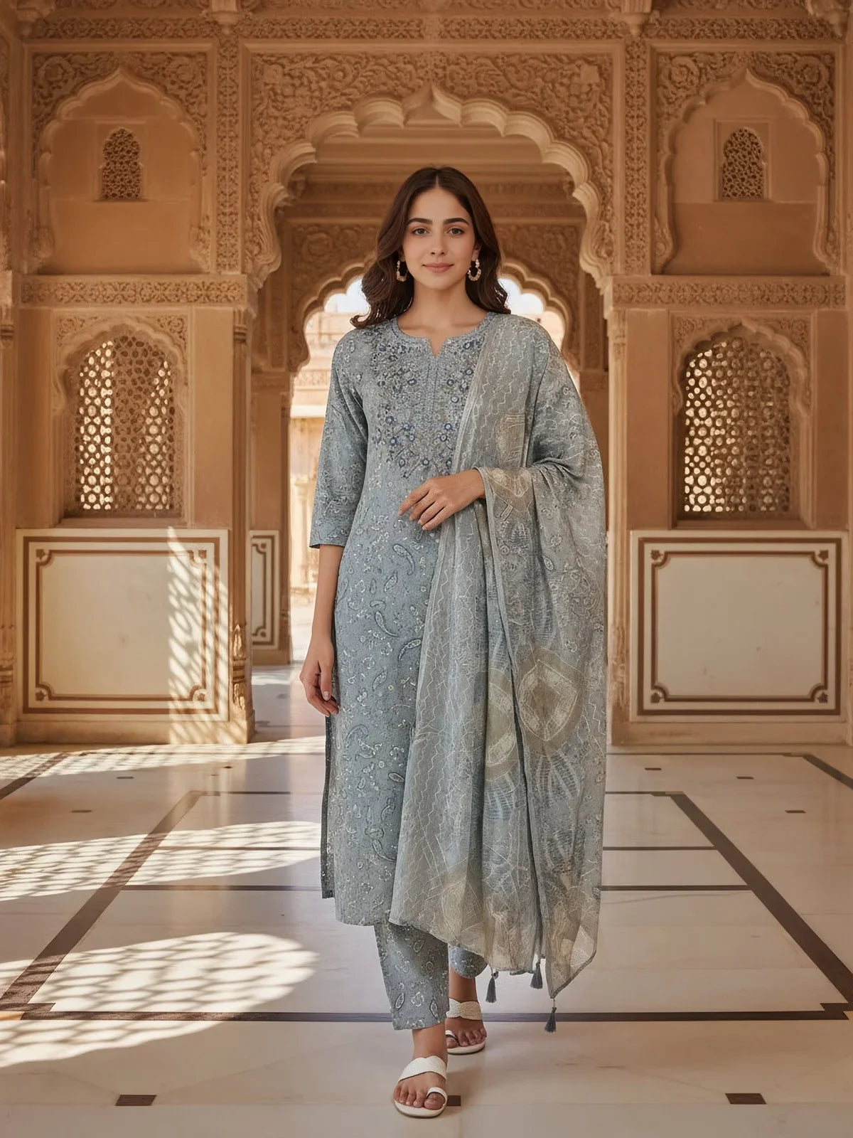 Buy Cotton Blend Embroidered Straight Calf Length Kurta with Pant and Dupatta-Grey