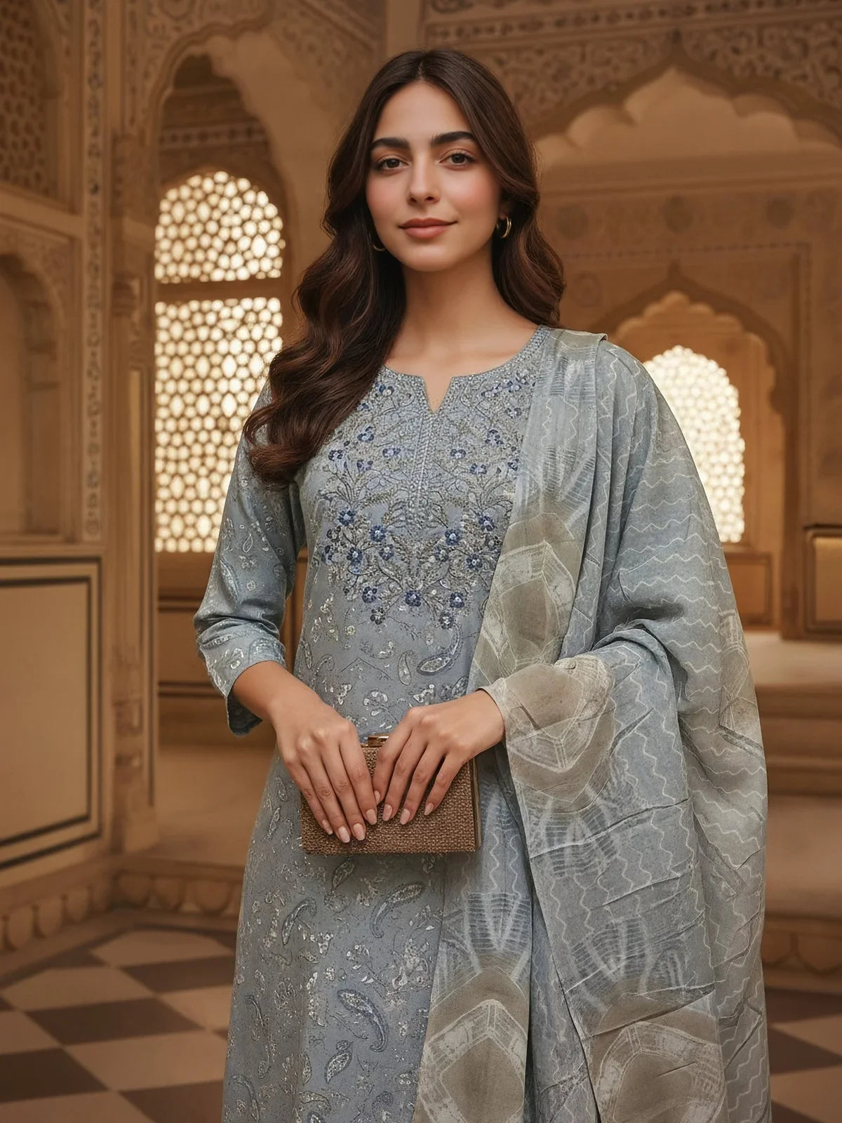 Buy Cotton Blend Embroidered Straight Calf Length Kurta with Pant and Dupatta-Grey