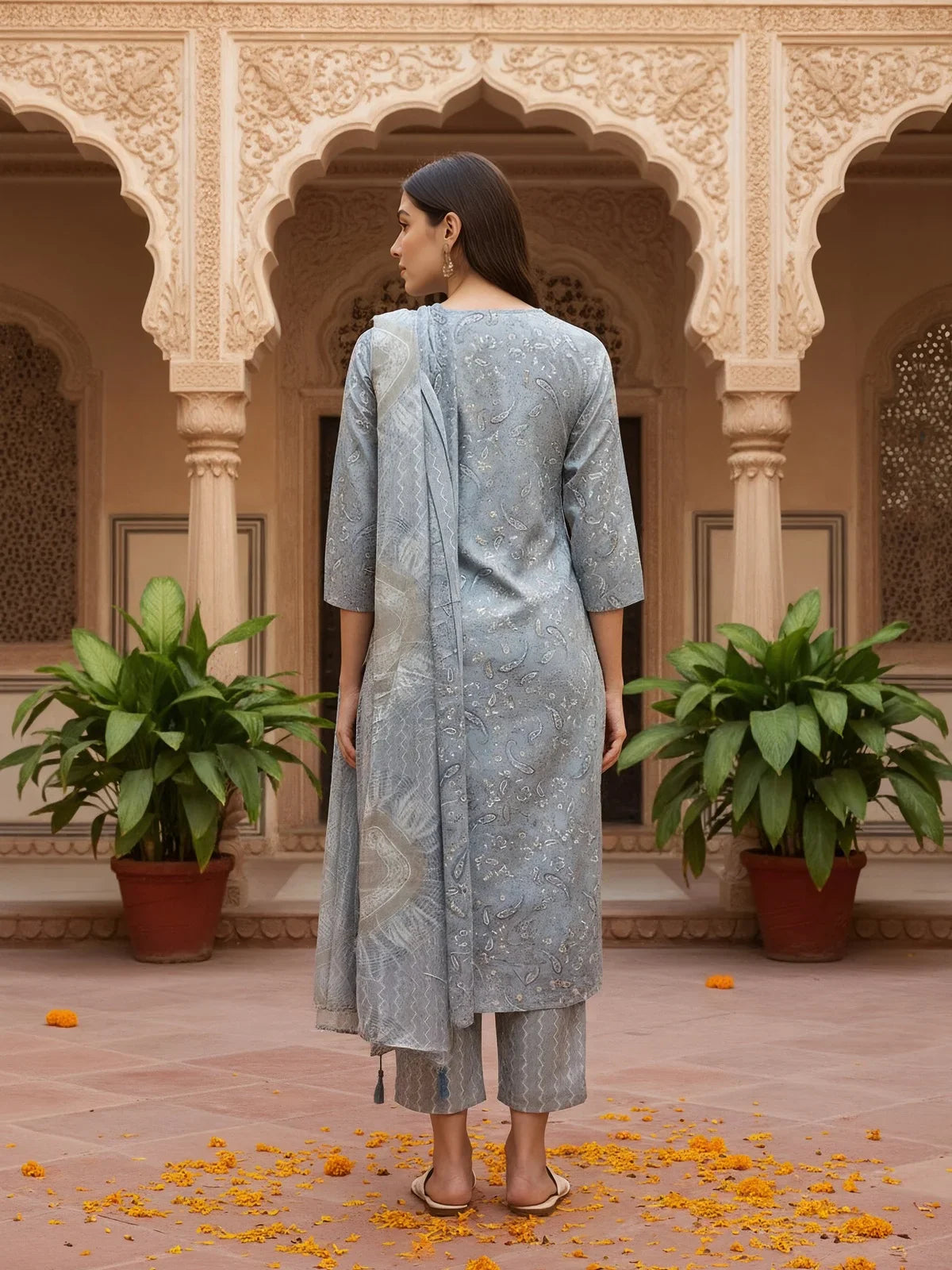 Buy Cotton Blend Embroidered Straight Calf Length Kurta with Pant and Dupatta-Grey