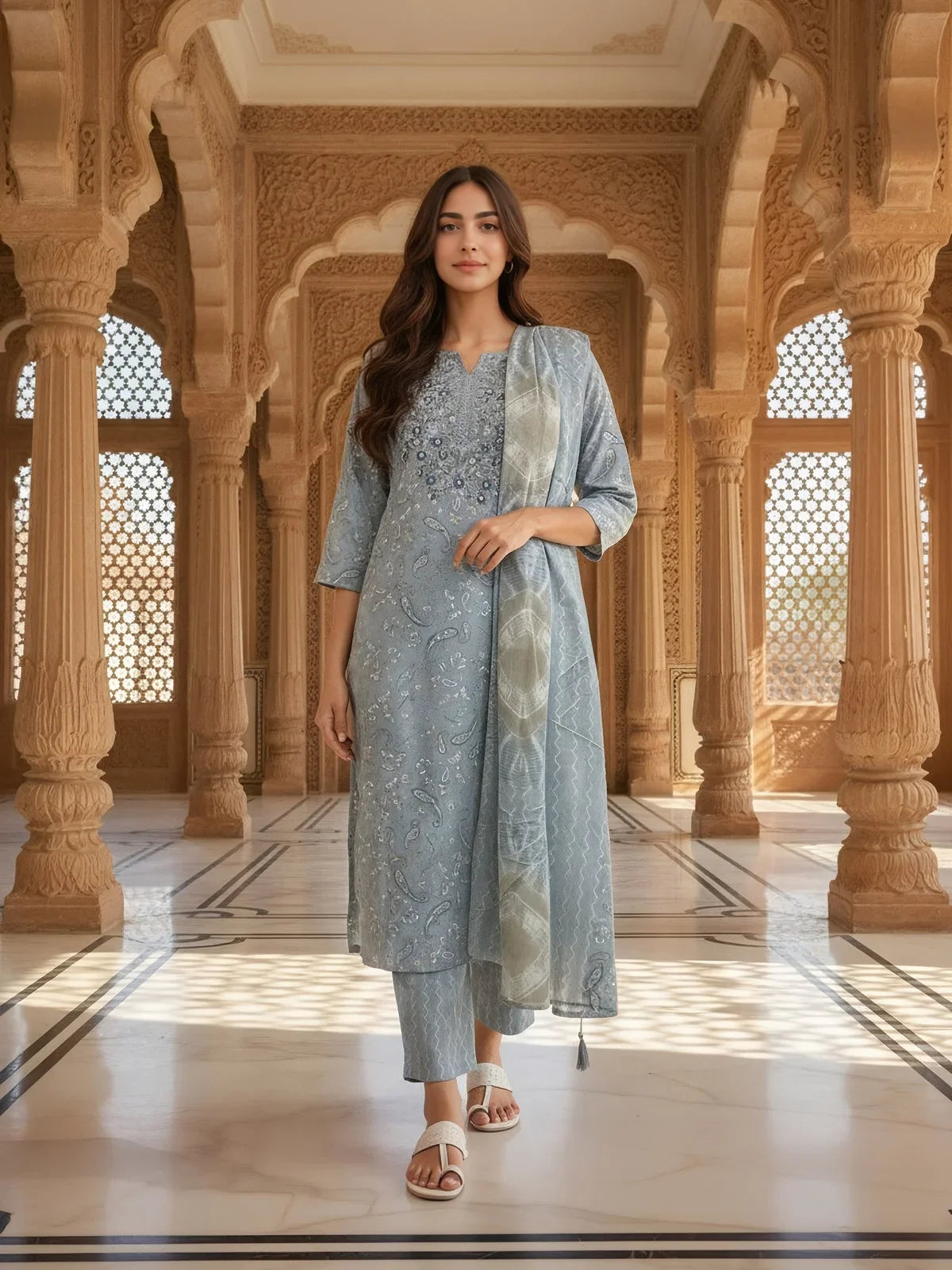Buy Cotton Blend Embroidered Straight Calf Length Kurta with Pant and Dupatta-Grey