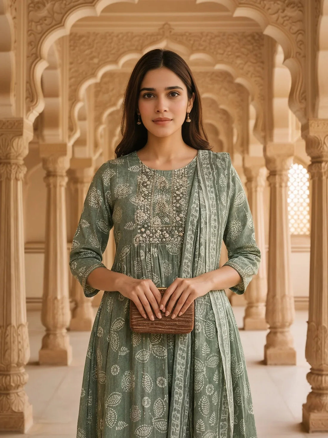 Buy Cotton Blend Embroidered Flared Calf Length Kurta with Pant and Dupatta-Green