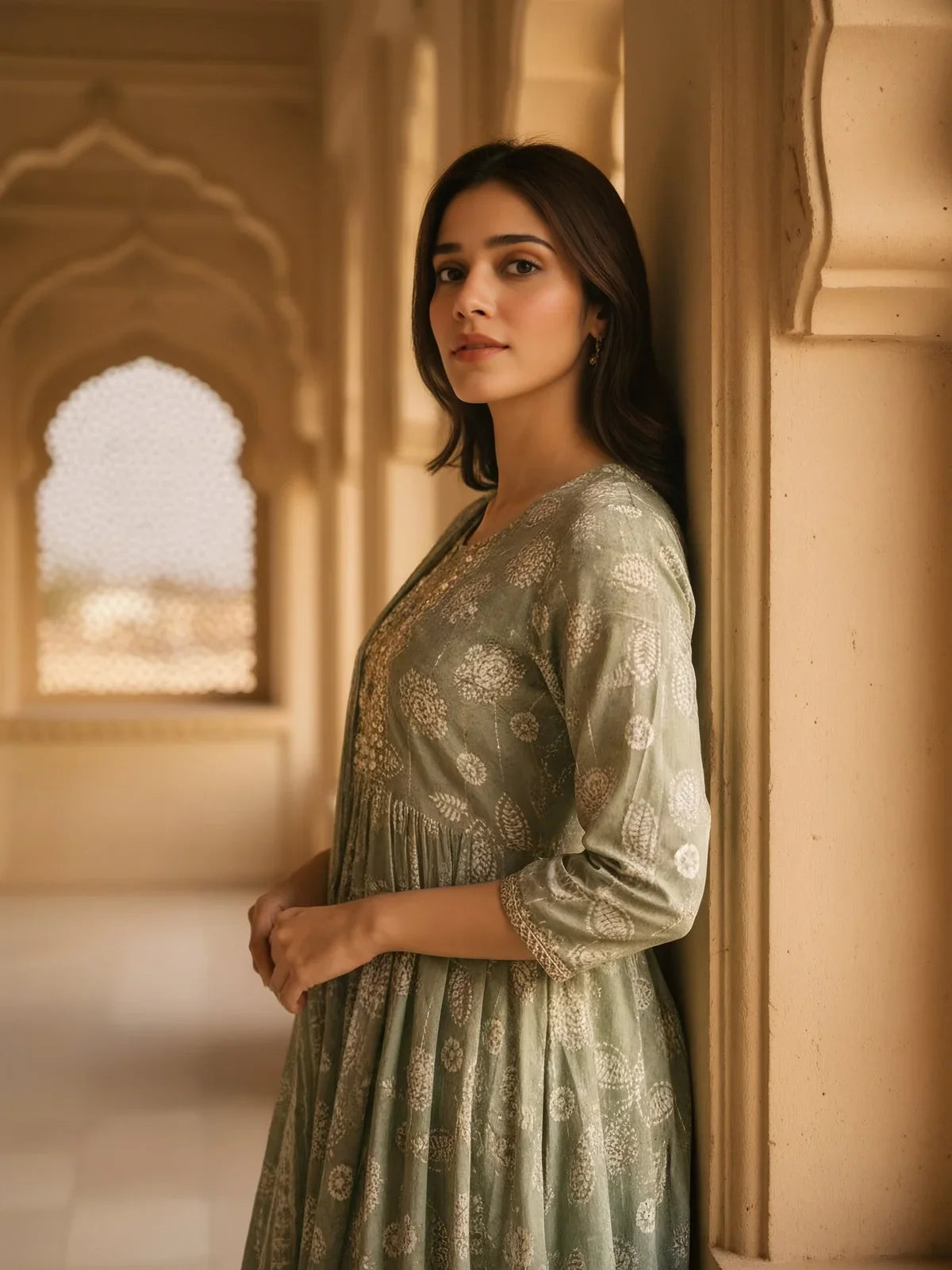 Buy Cotton Blend Embroidered Flared Calf Length Kurta with Pant and Dupatta-Green