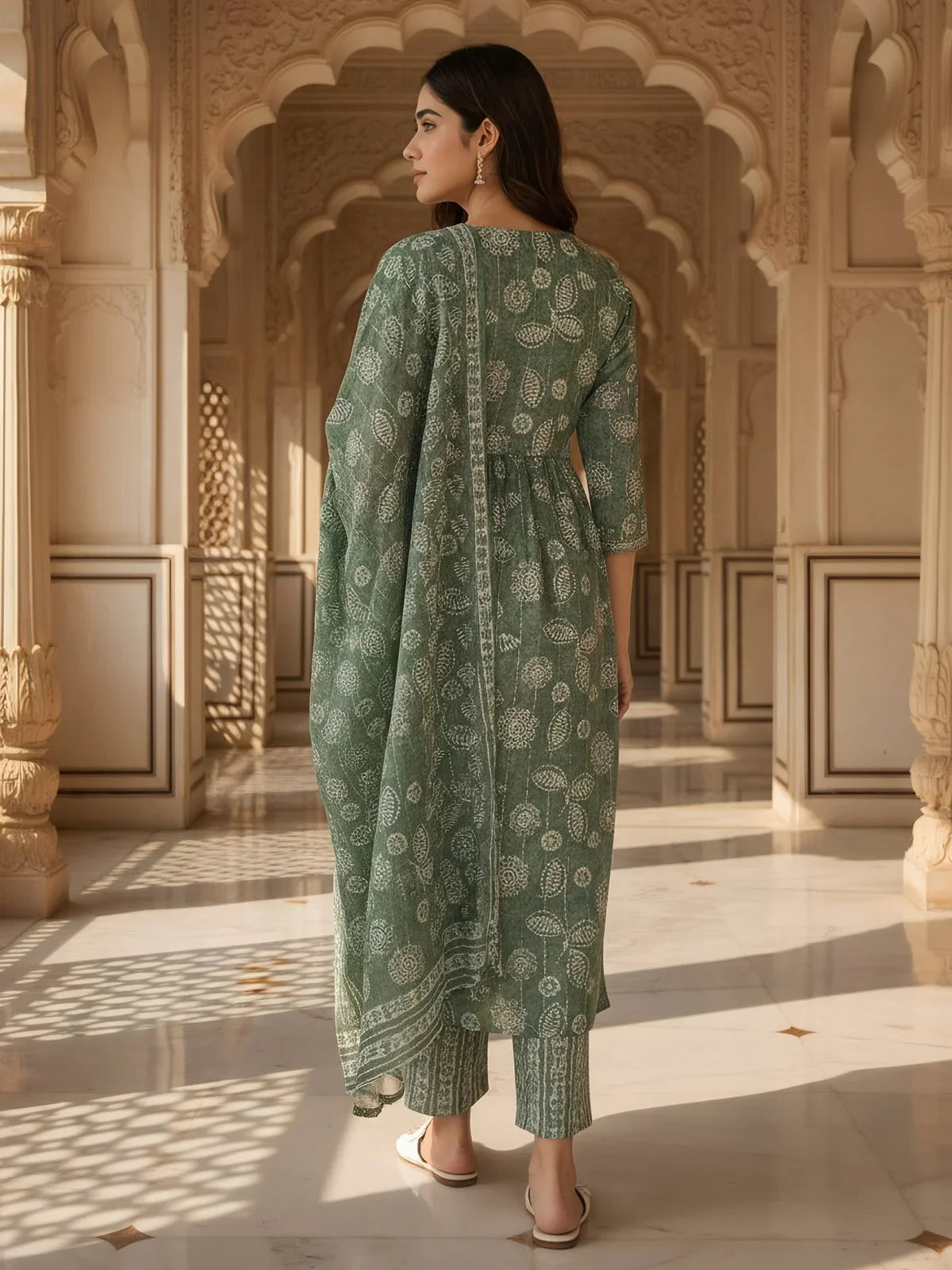 Buy Cotton Blend Embroidered Flared Calf Length Kurta with Pant and Dupatta-Green