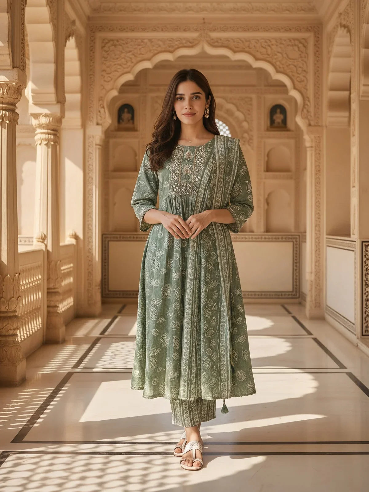 Buy Cotton Blend Embroidered Flared Calf Length Kurta with Pant and Dupatta-Green