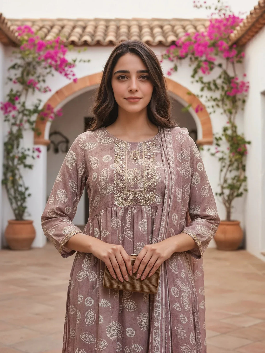 Buy Cotton Blend Embroidered Flared Calf Length Kurta with Pant and Dupatta-Mauve