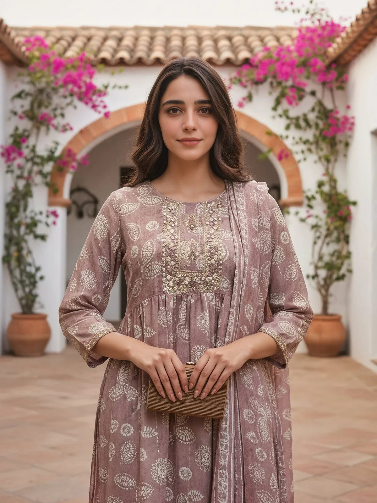 Buy Cotton Blend Embroidered Flared Calf Length Kurta with Pant and Dupatta-Mauve