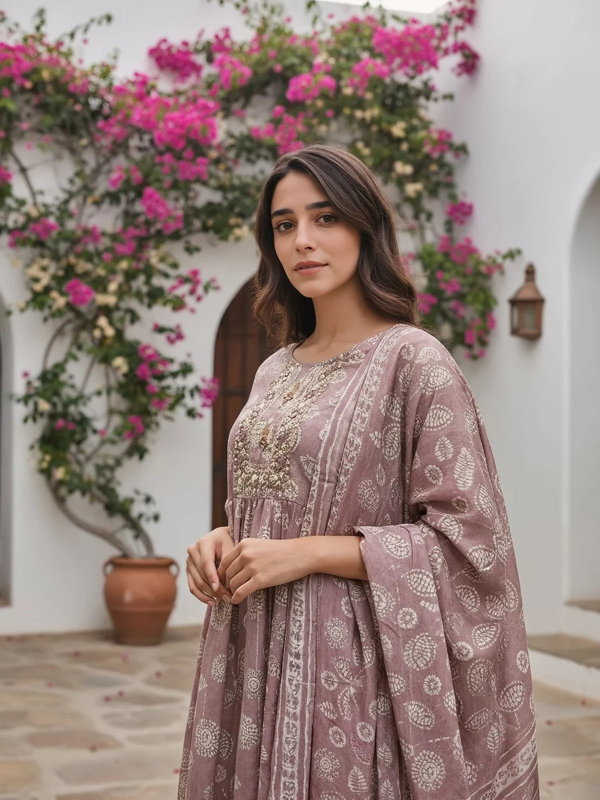 Buy Cotton Blend Embroidered Flared Calf Length Kurta with Pant and Dupatta-Mauve