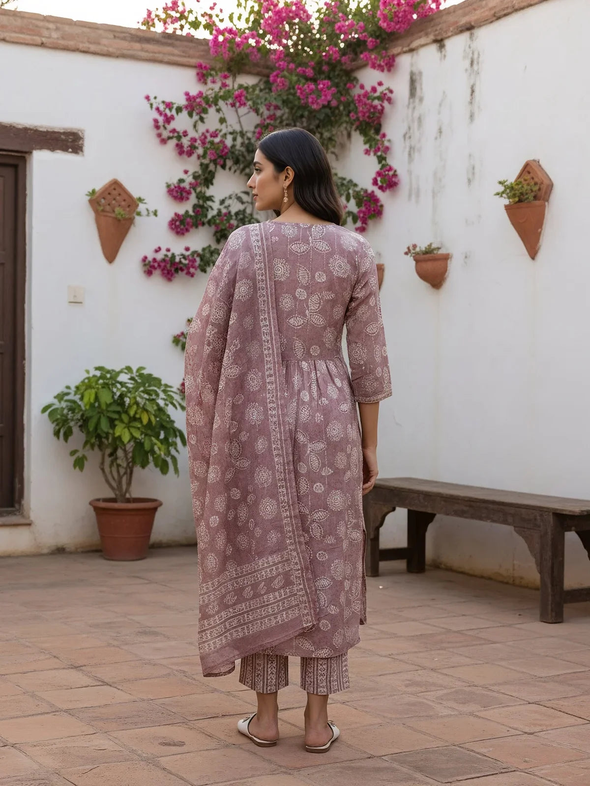 Buy Cotton Blend Embroidered Flared Calf Length Kurta with Pant and Dupatta-Mauve