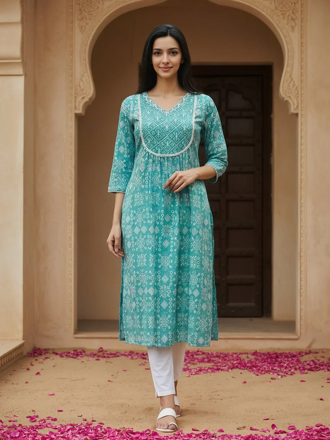 Buy Cotton Embroidered Flared Calf Length Kurta-Turquoise