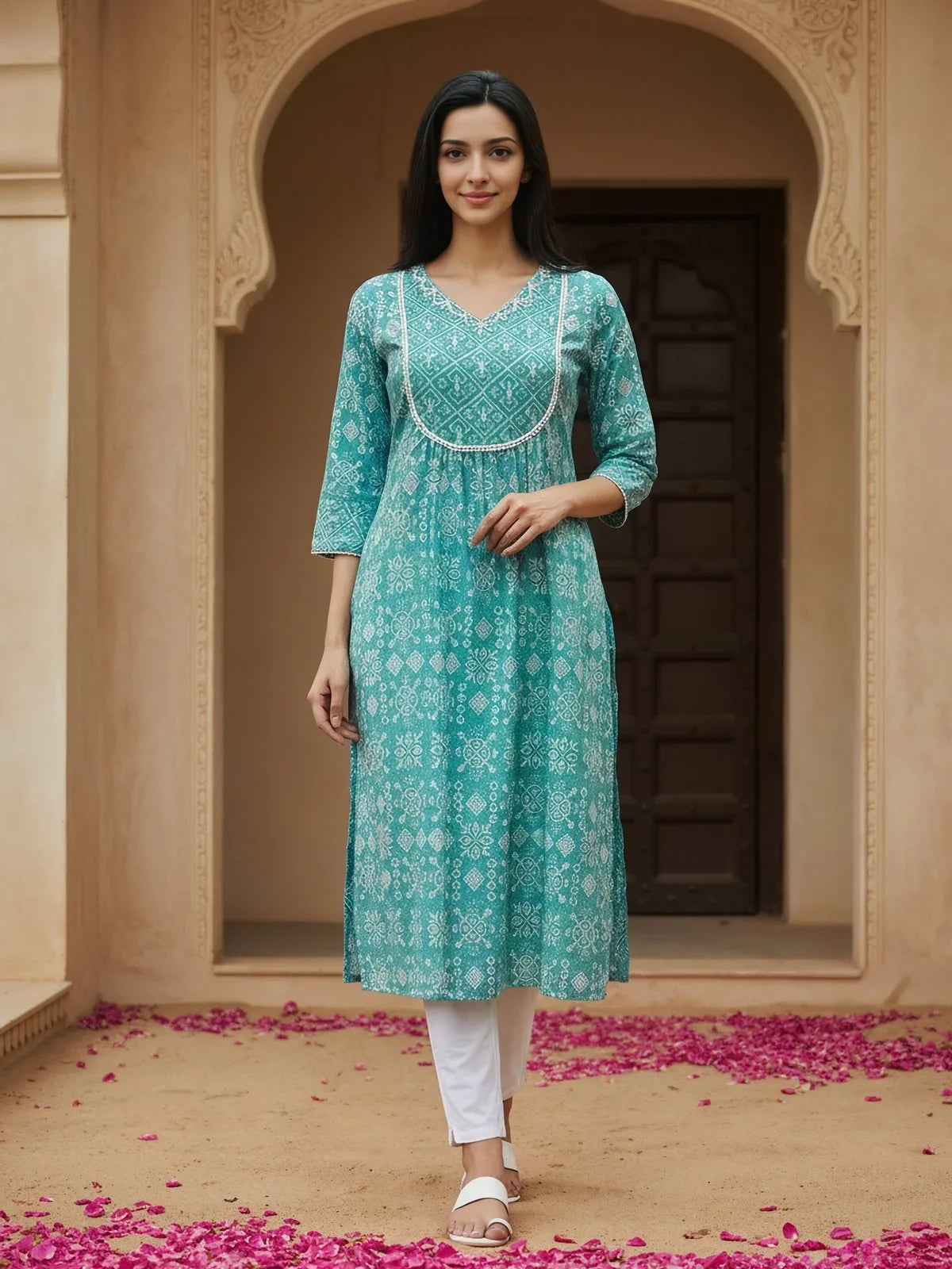 Buy Cotton Embroidered Flared Calf Length Kurta-Turquoise