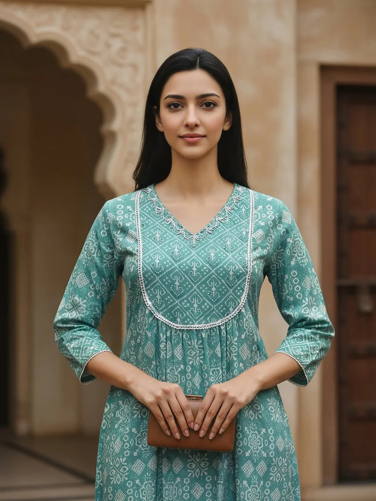 Buy Cotton Embroidered Flared Calf Length Kurta-Turquoise