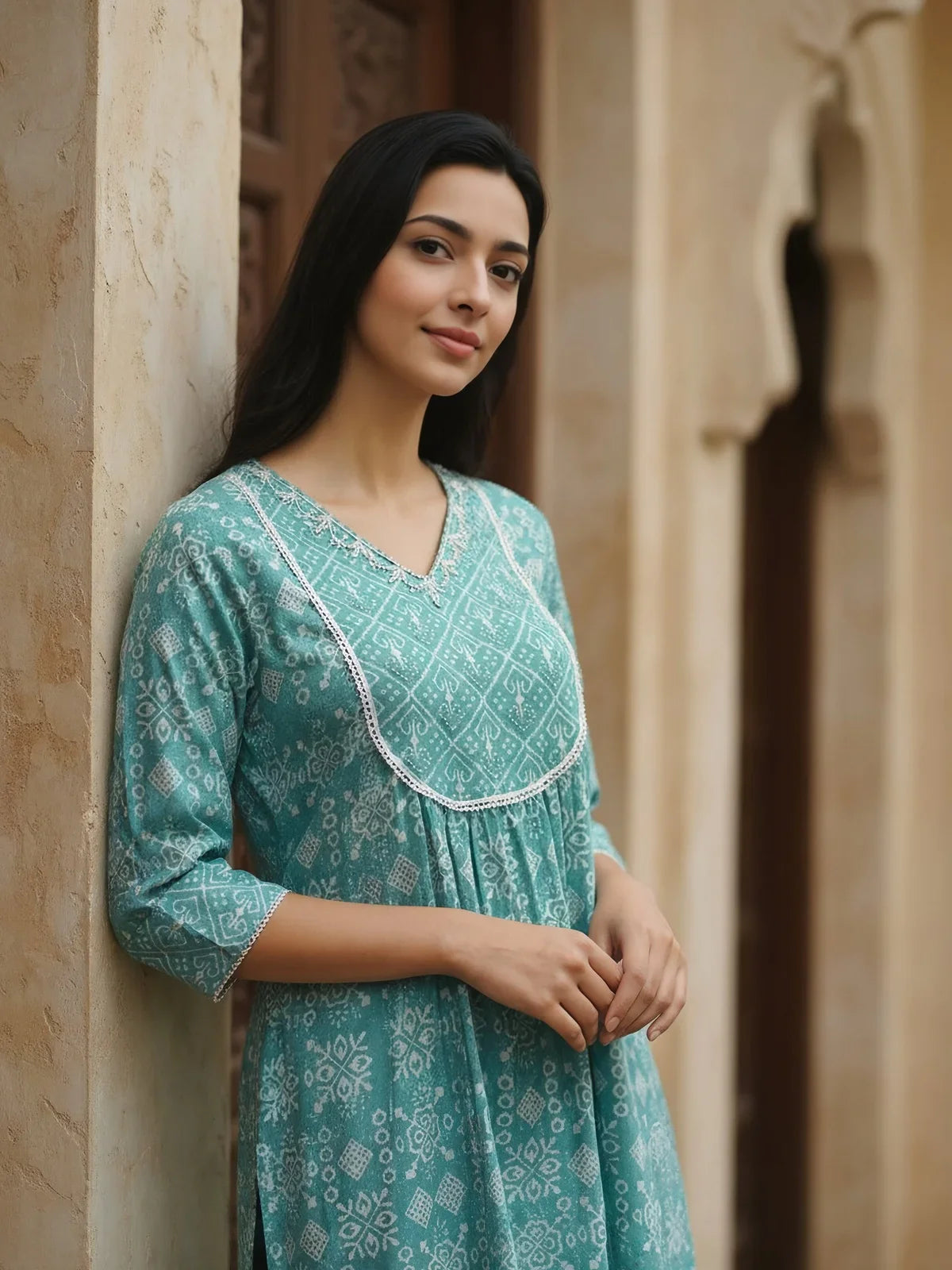 Buy Cotton Embroidered Flared Calf Length Kurta-Turquoise