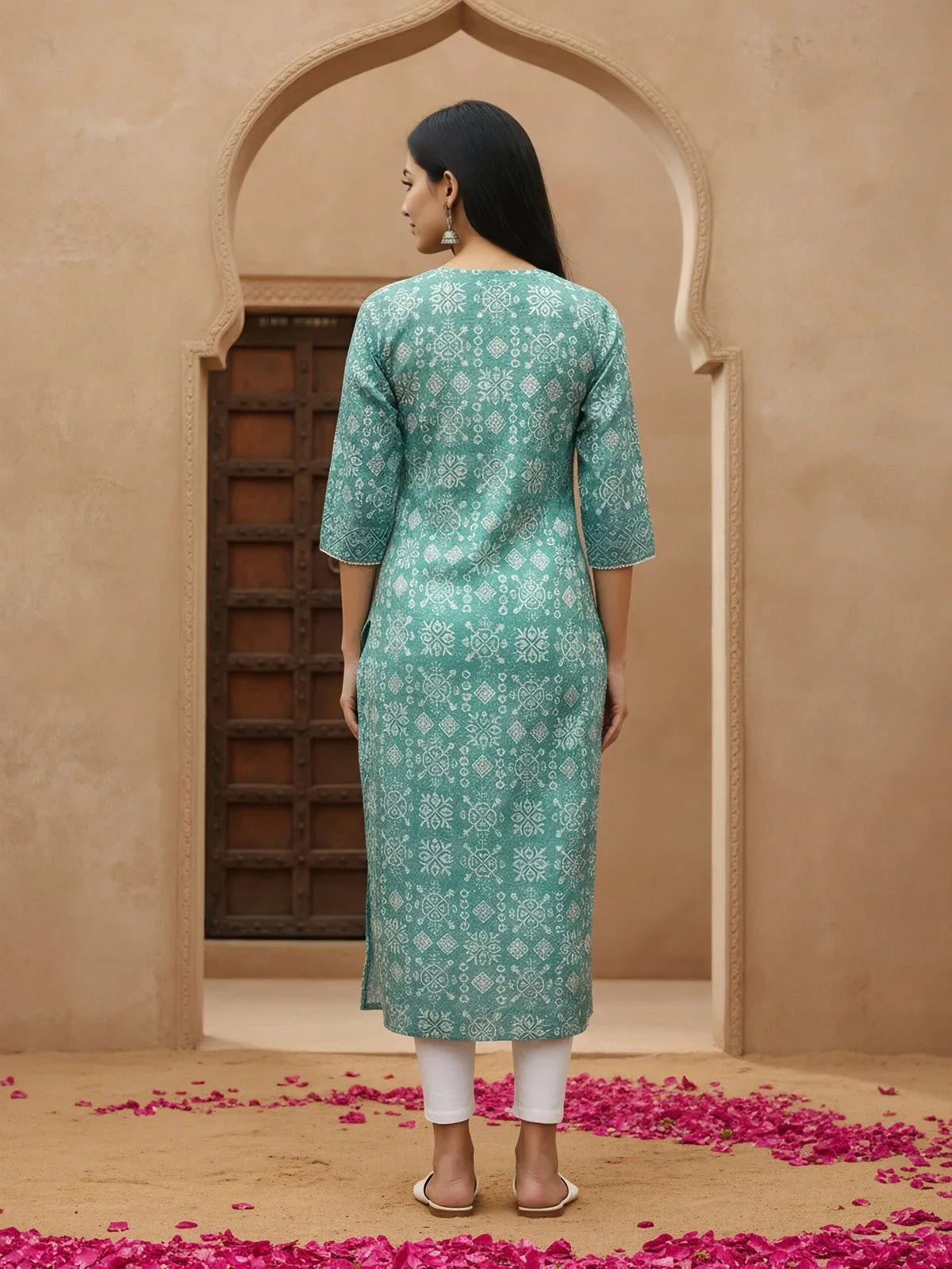 Buy Cotton Embroidered Flared Calf Length Kurta-Turquoise