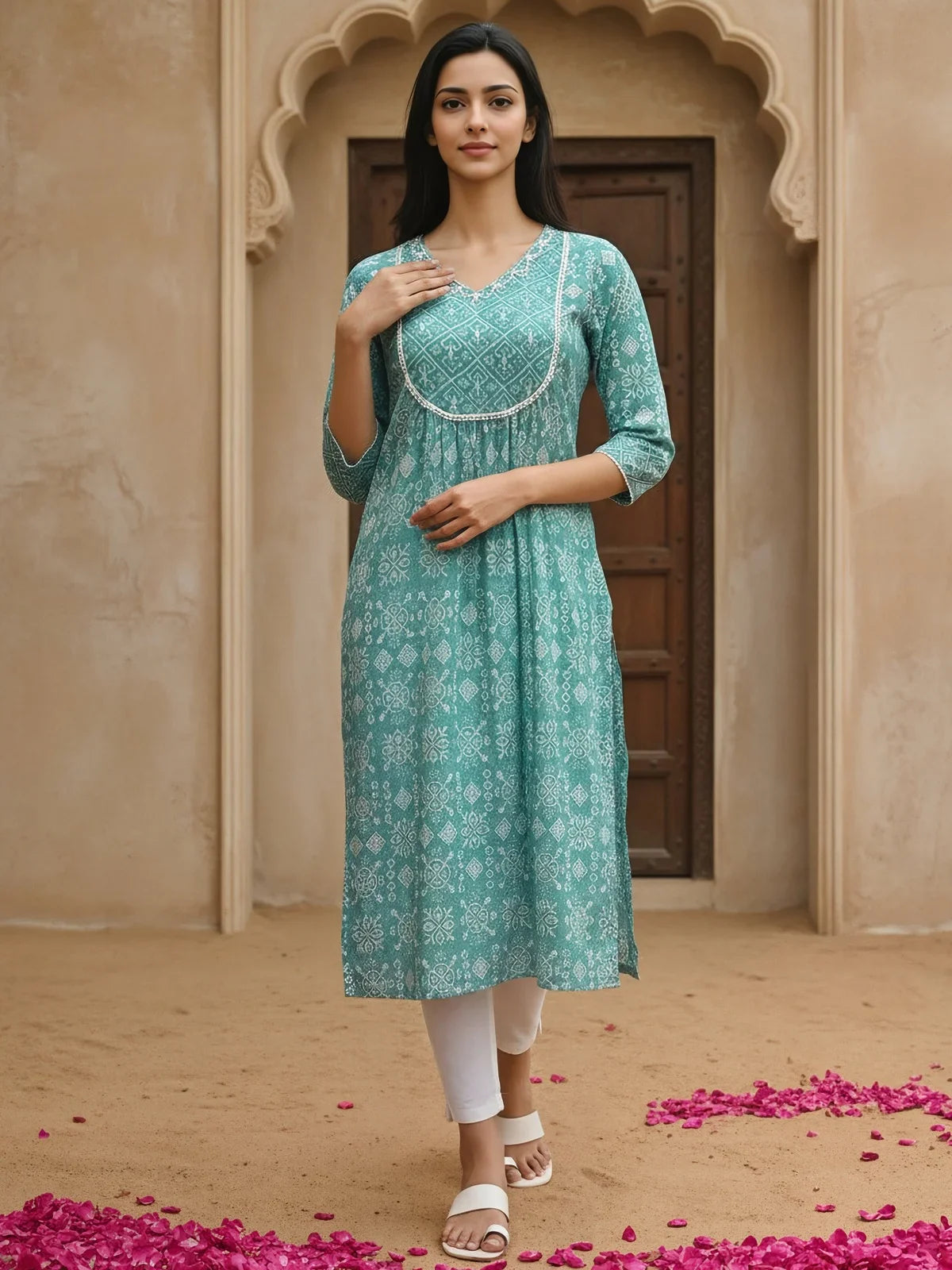 Buy Cotton Embroidered Flared Calf Length Kurta-Turquoise