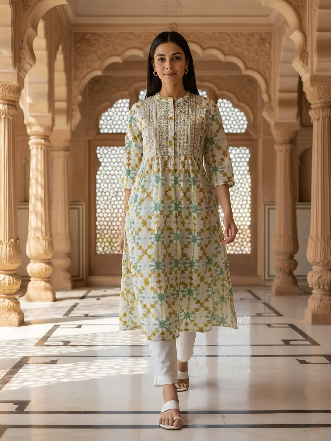 Buy Cotton Embroidered Flared Calf Length Kurta-Off White
