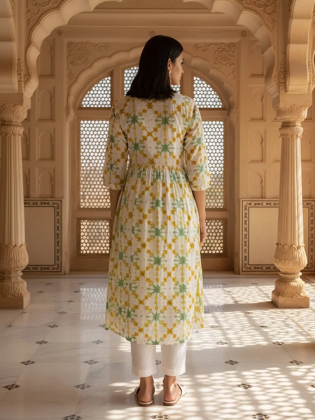 Buy Cotton Embroidered Flared Calf Length Kurta-Off White