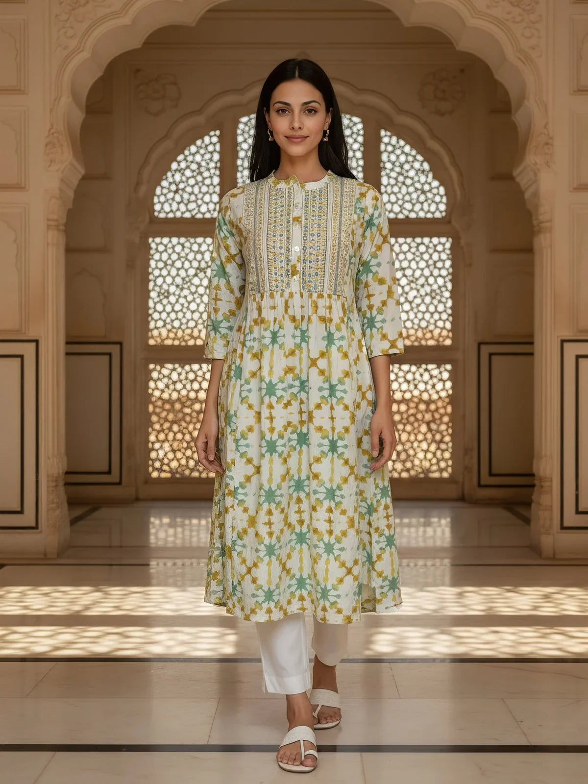 Buy Cotton Embroidered Flared Calf Length Kurta-Off White