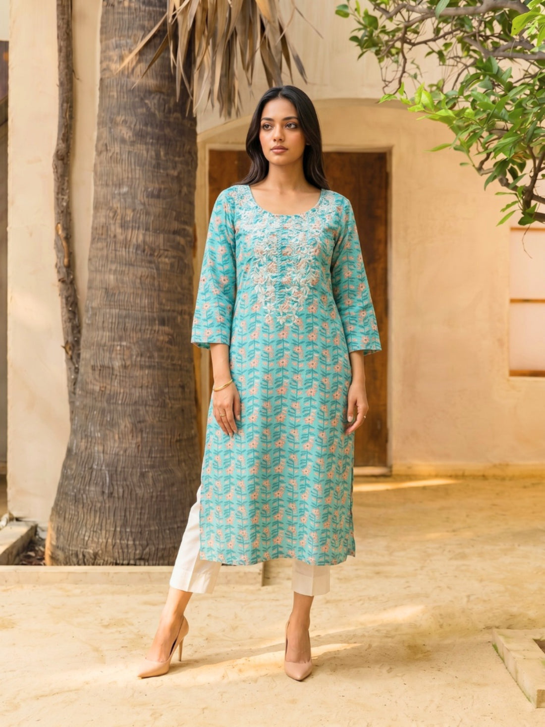 Buy Cotton Embroidered Straight Calf Length Kurta-Sea Green