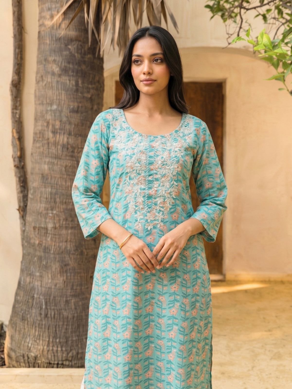 Cotton Embroidered Straight Calf Length Kurta