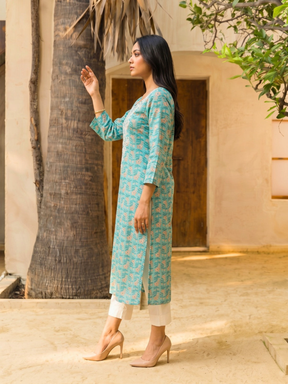 Buy Cotton Embroidered Straight Calf Length Kurta-Sea Green