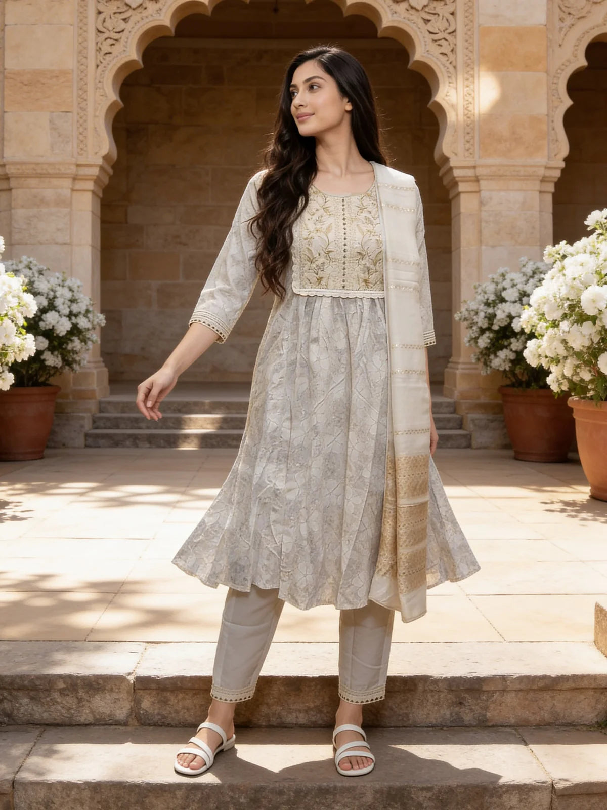 Buy Off White Rayon Embroidered Anarkali Calf Length Kurta Pant and Dupatta-Off White
