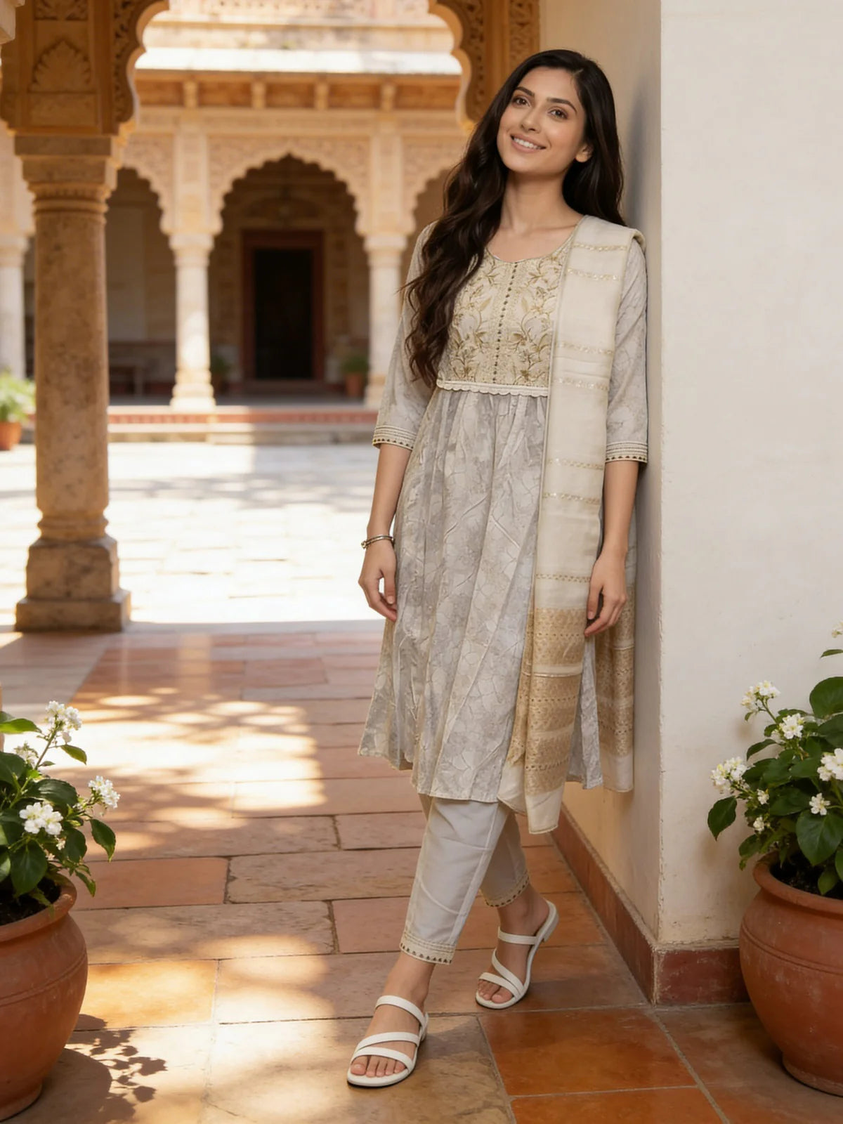 Buy Off White Rayon Embroidered Anarkali Calf Length Kurta Pant and Dupatta-Off White