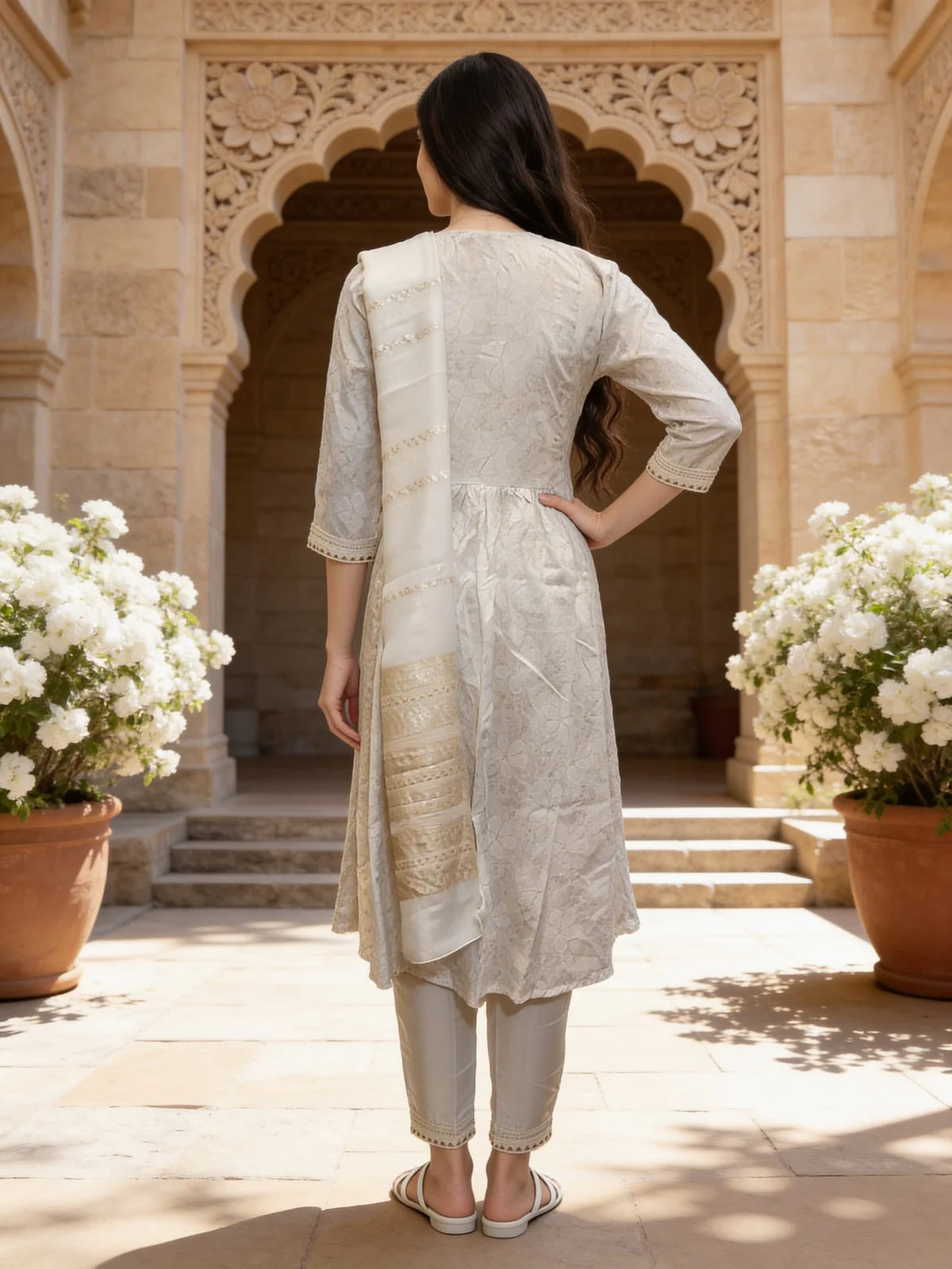 Buy Off White Rayon Embroidered Anarkali Calf Length Kurta Pant and Dupatta-Off White