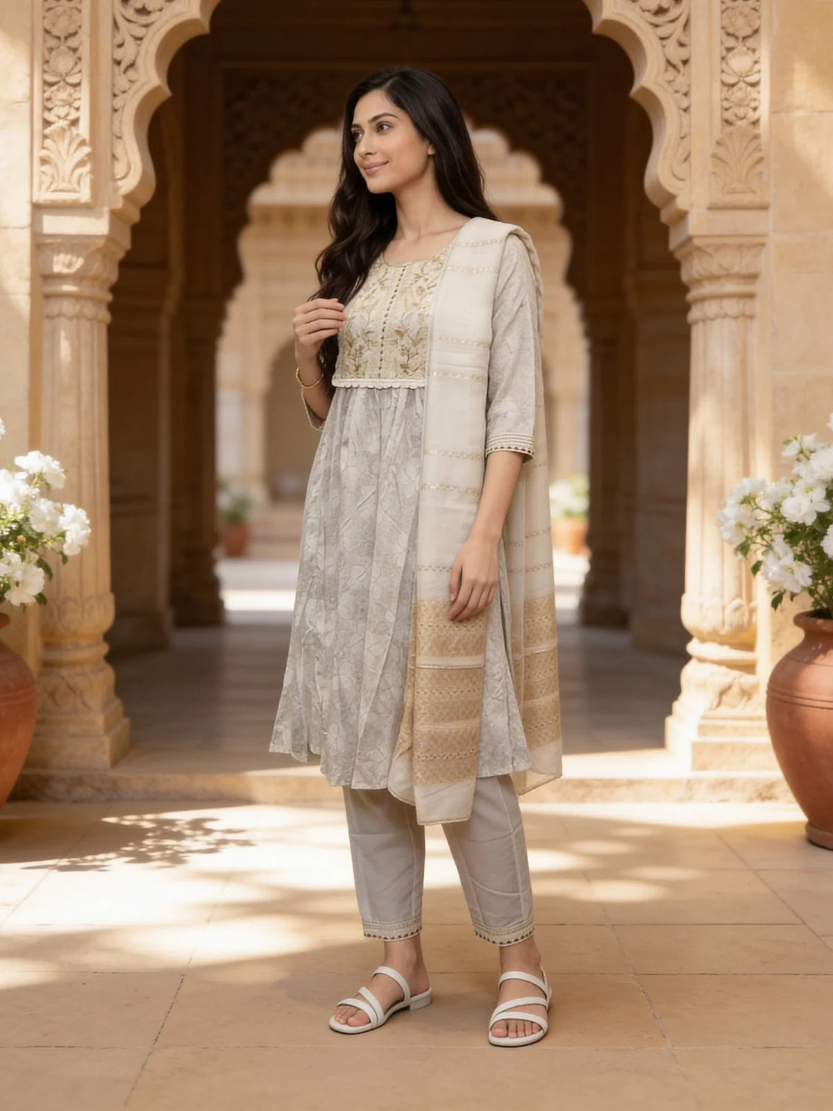 Buy Off White Rayon Embroidered Anarkali Calf Length Kurta Pant and Dupatta-Off White