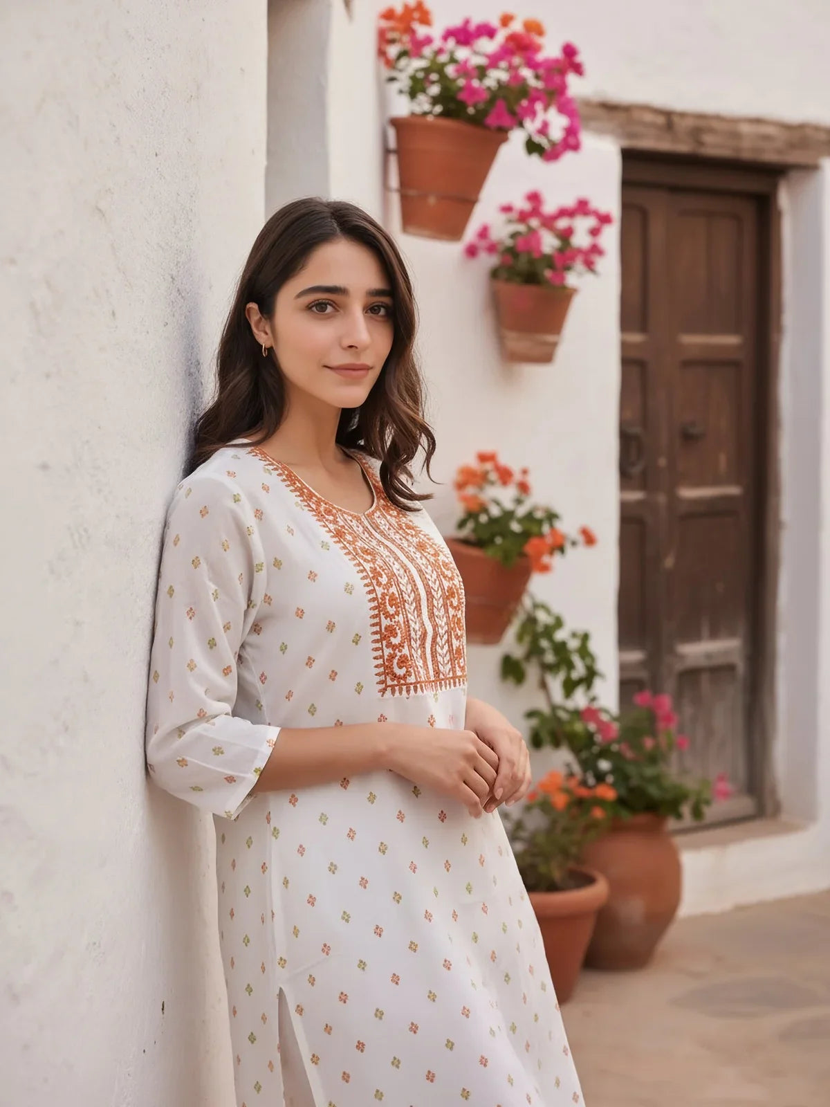 Buy Viscose Rayon Embroidered Straight Calf Length Kurta-White