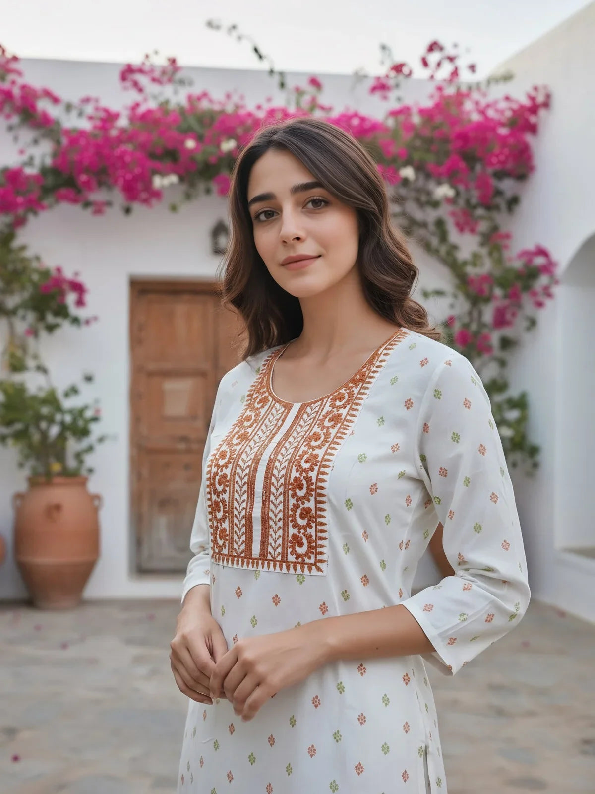 Buy Viscose Rayon Embroidered Straight Calf Length Kurta-White