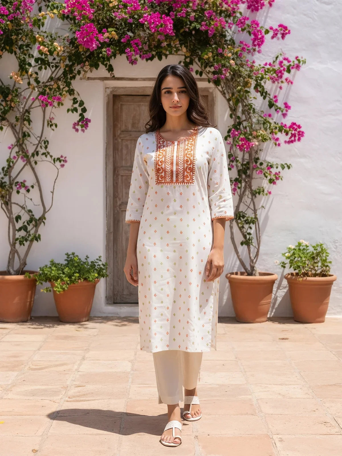 Buy Viscose Rayon Embroidered Straight Calf Length Kurta-White