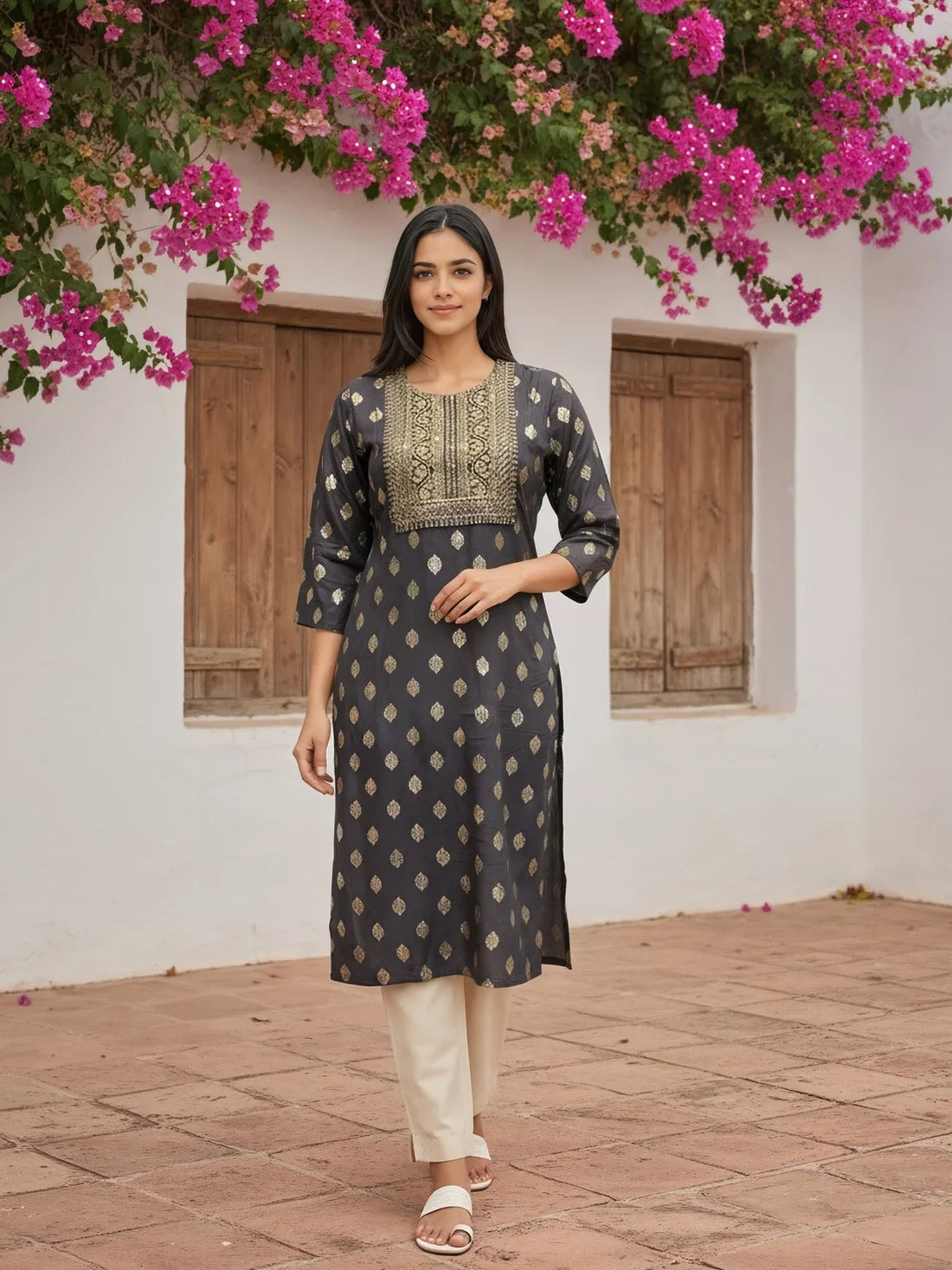 Buy Viscose Rayon Embroidered Straight Calf Length Kurta-Grey