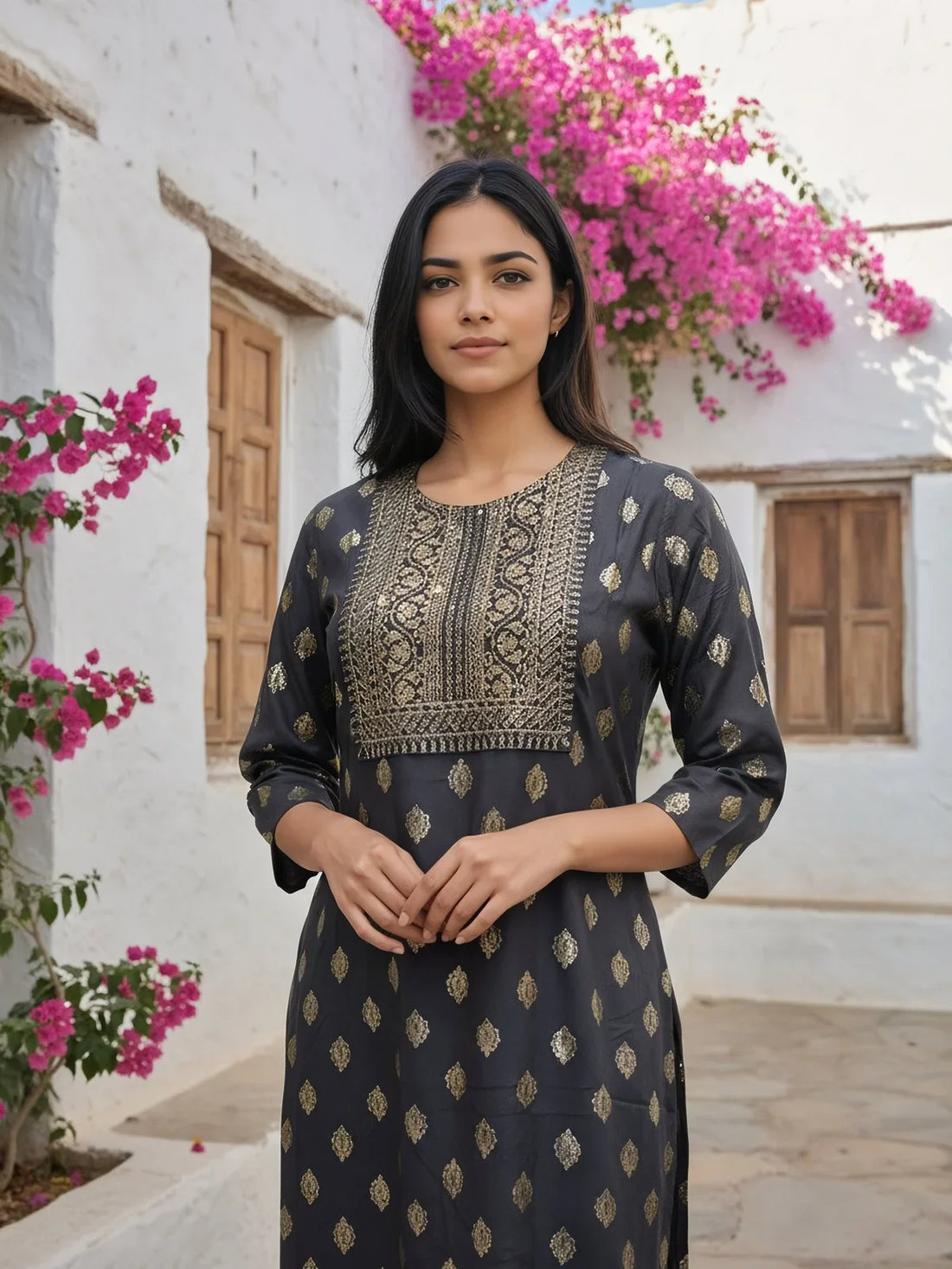 Buy Viscose Rayon Embroidered Straight Calf Length Kurta-Grey