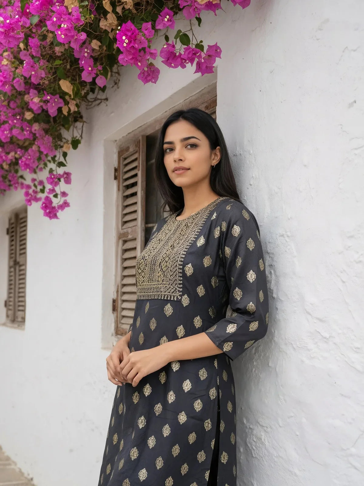 Buy Viscose Rayon Embroidered Straight Calf Length Kurta-Grey