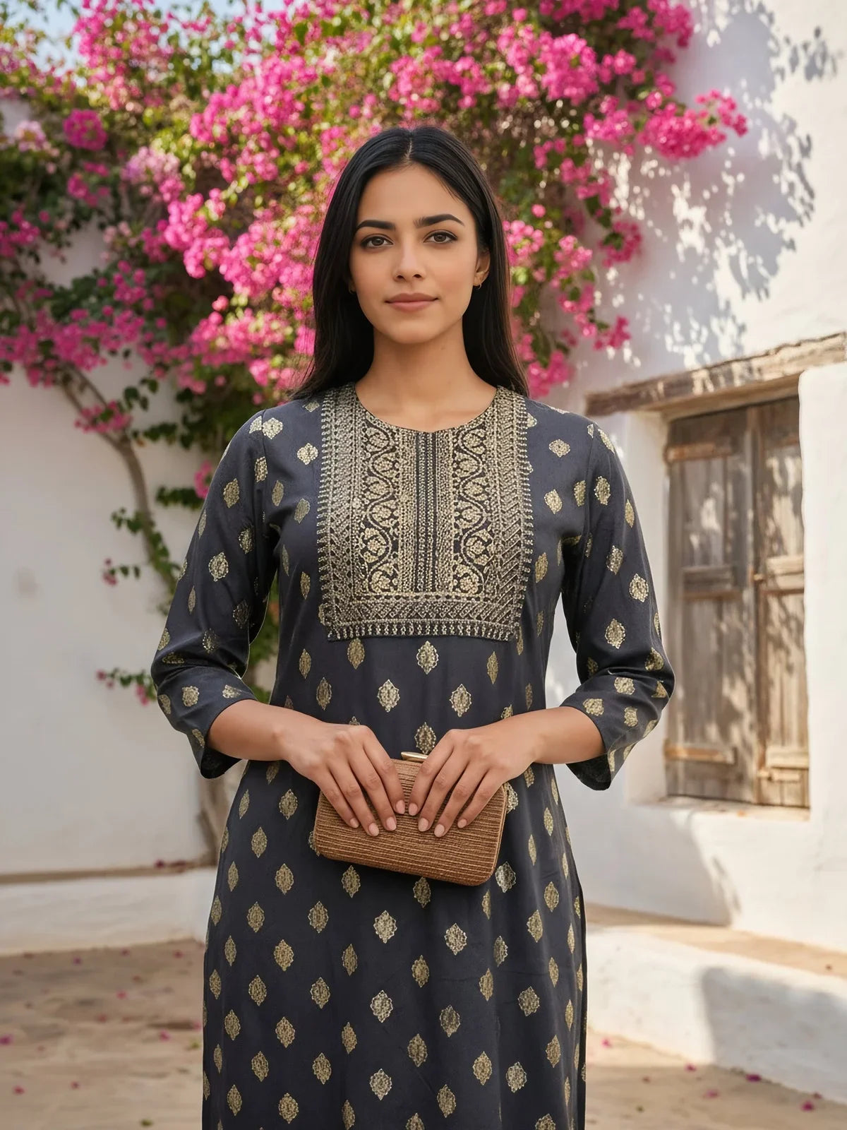 Buy Viscose Rayon Embroidered Straight Calf Length Kurta-Grey