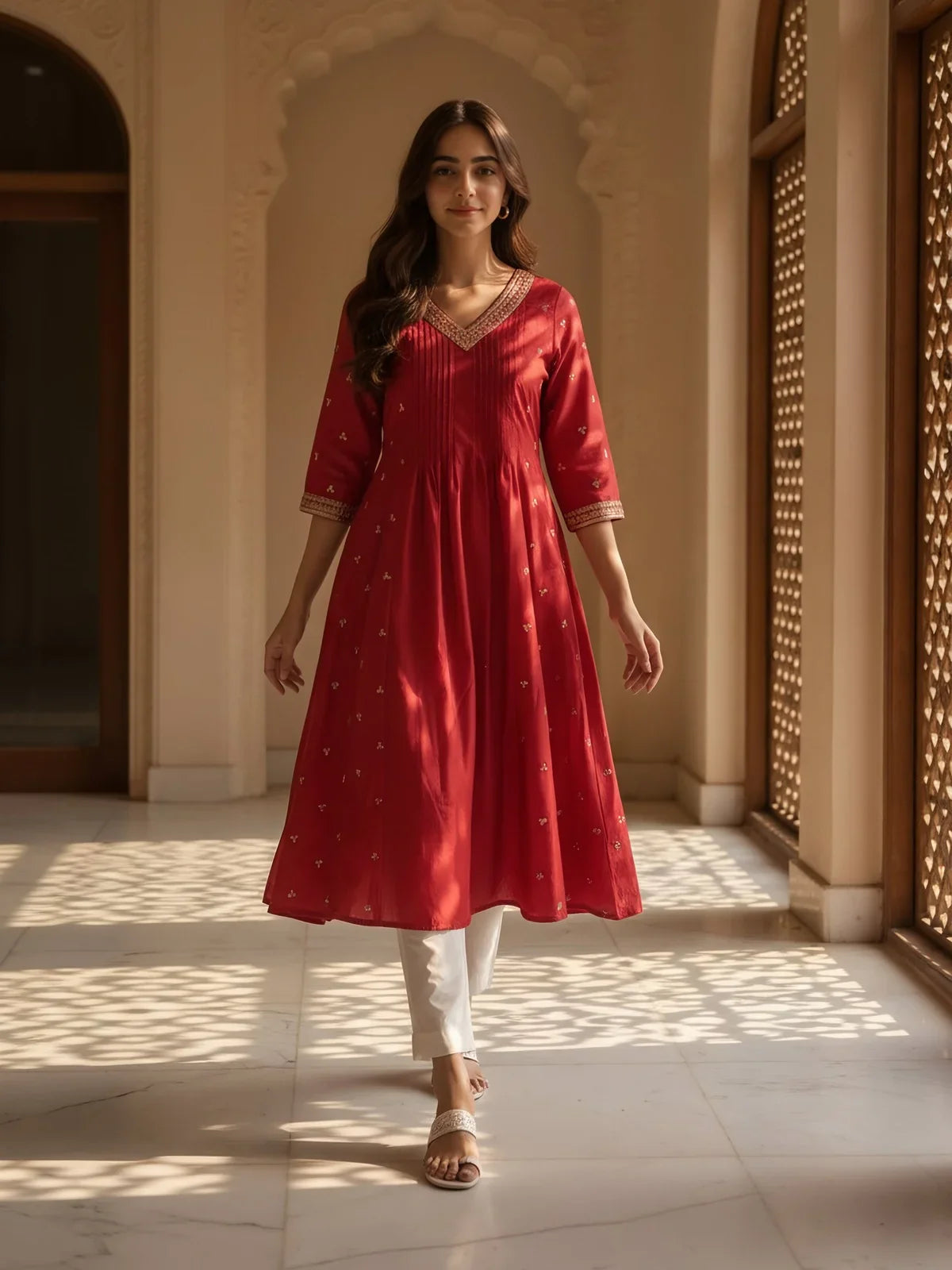 Buy Poly Viscose Embroidered Flared Calf Length Kurta-Red