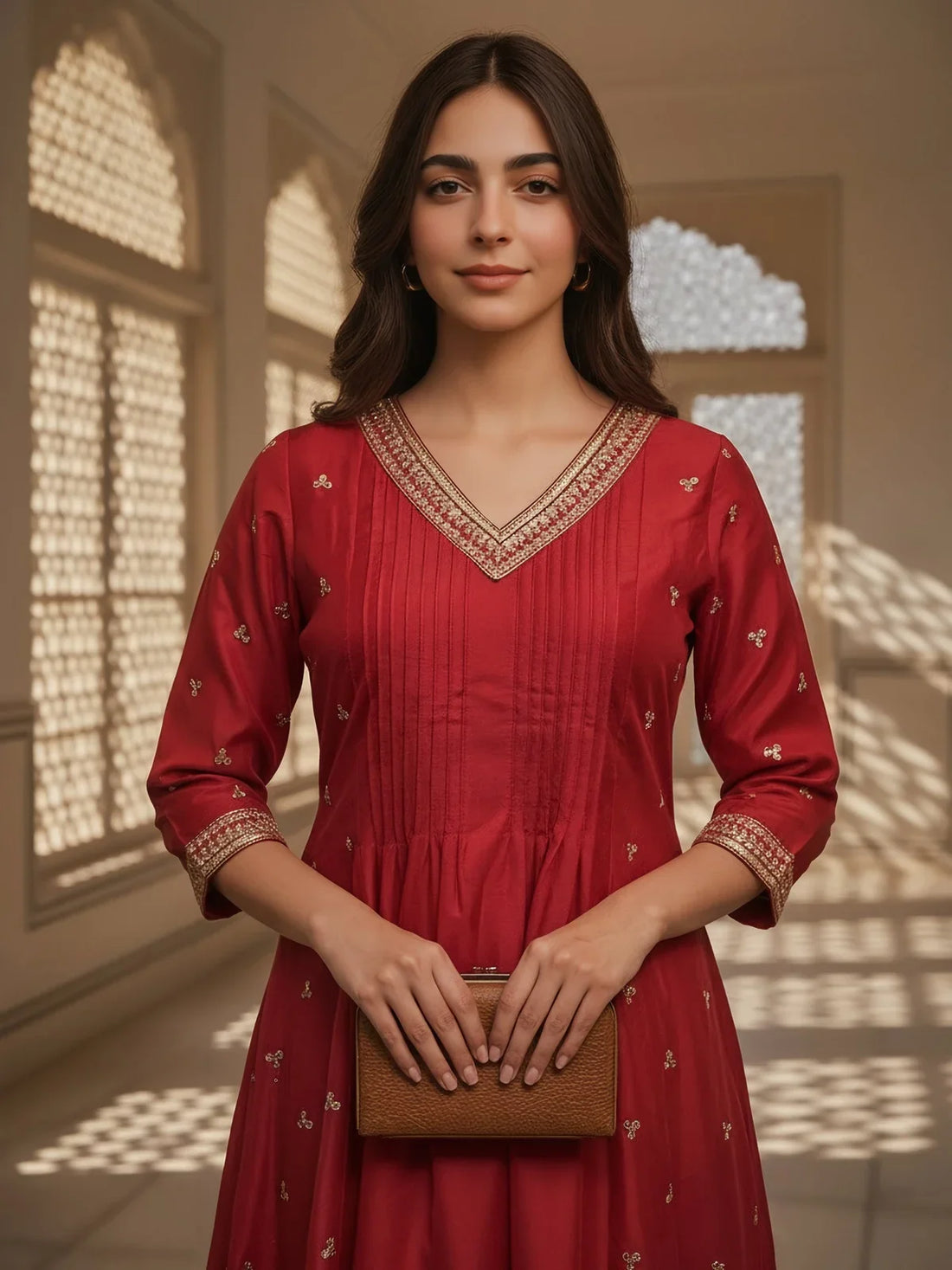 Buy Poly Viscose Embroidered Flared Calf Length Kurta-Red