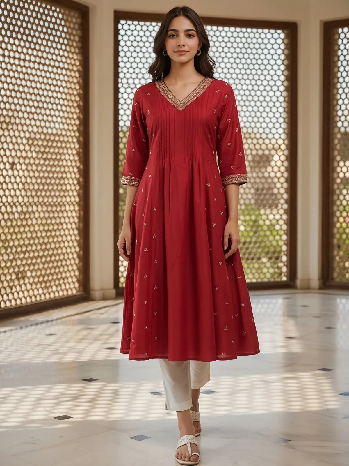Buy Poly Viscose Embroidered Flared Calf Length Kurta-Red
