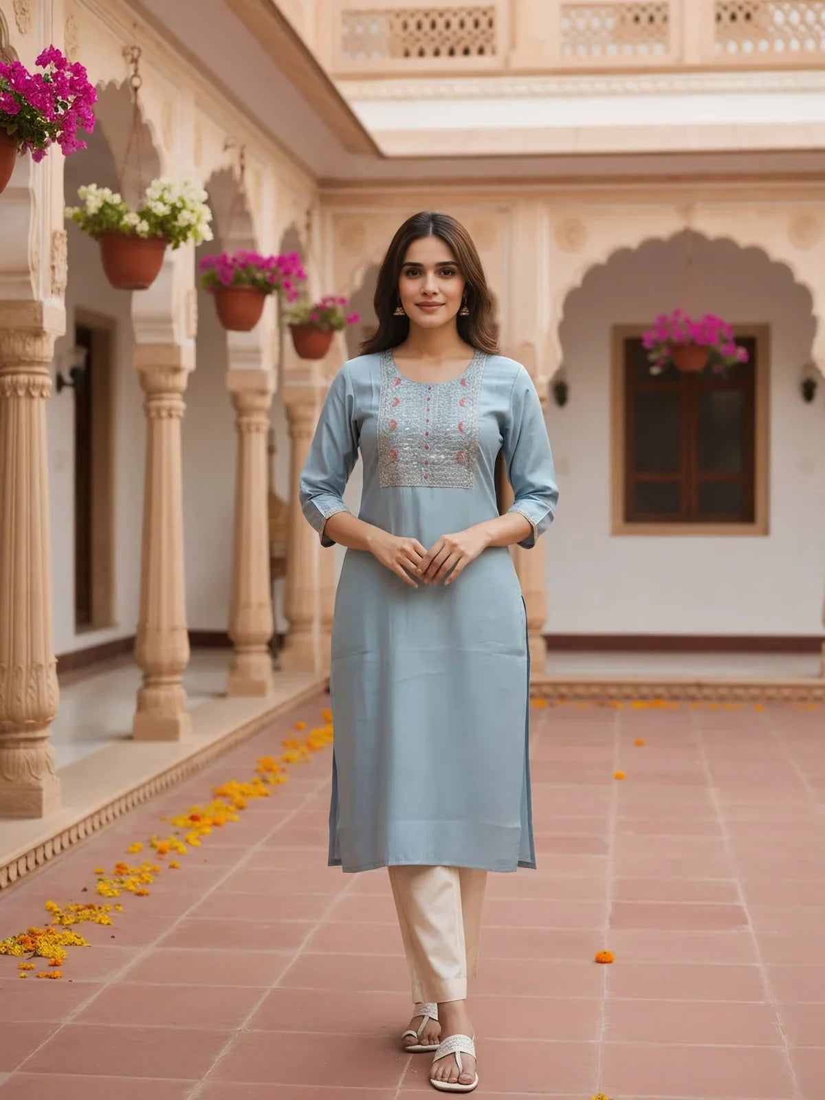 Buy Poly Viscose Embroidered Straight Calf Length Kurta-Light Blue