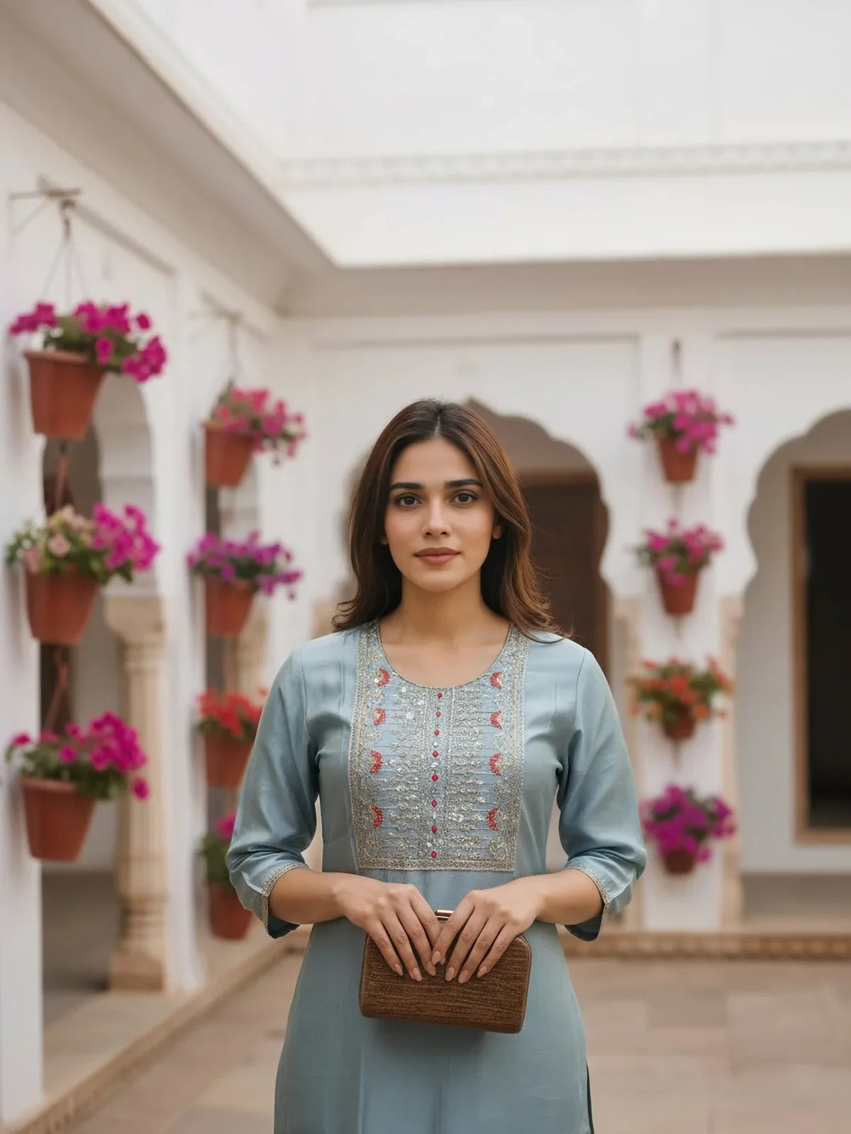 Buy Poly Viscose Embroidered Straight Calf Length Kurta-Light Blue