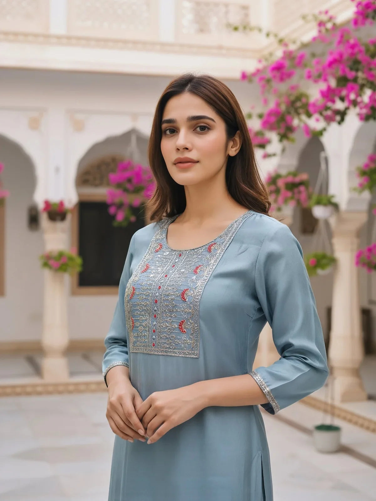 Buy Poly Viscose Embroidered Straight Calf Length Kurta-Light Blue