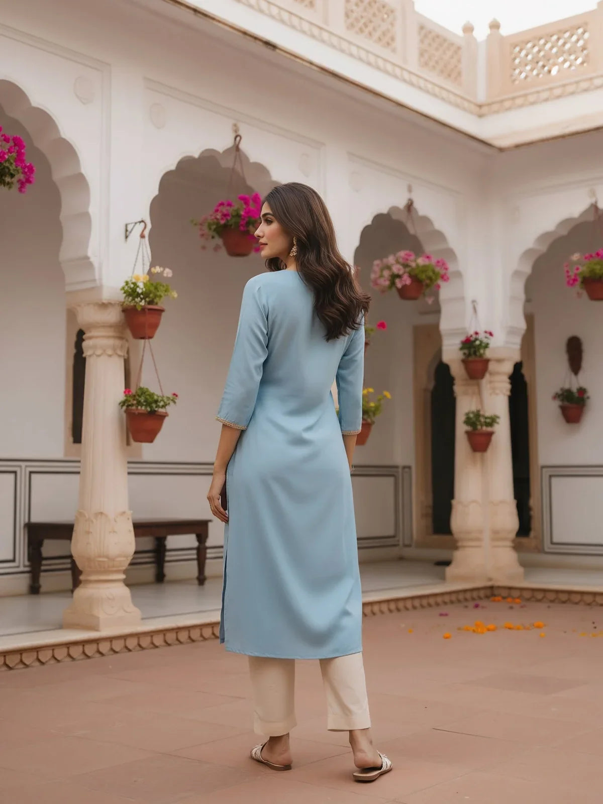 Buy Poly Viscose Embroidered Straight Calf Length Kurta-Light Blue