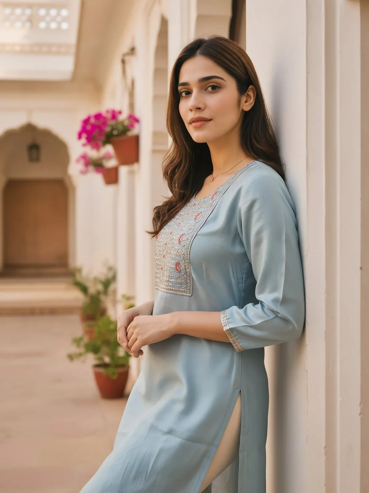 Buy Poly Viscose Embroidered Straight Calf Length Kurta-Light Blue