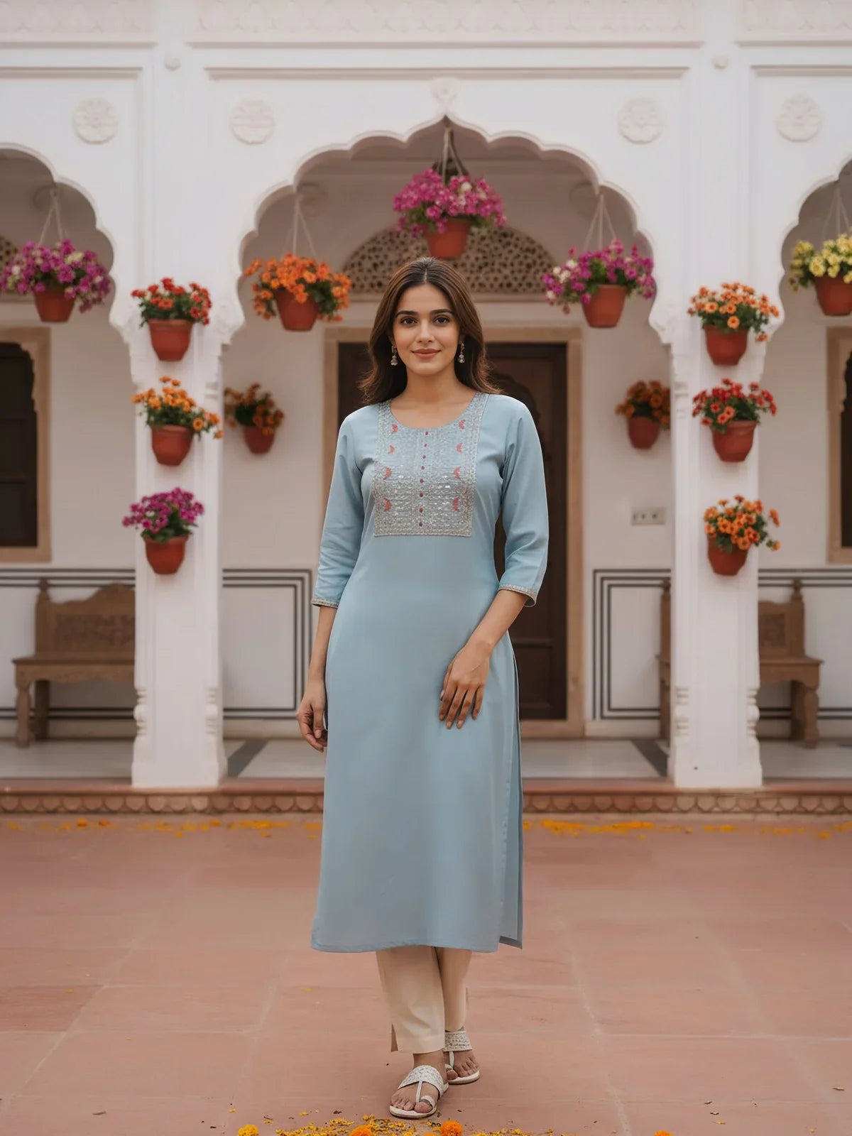 Buy Poly Viscose Embroidered Straight Calf Length Kurta-Light Blue