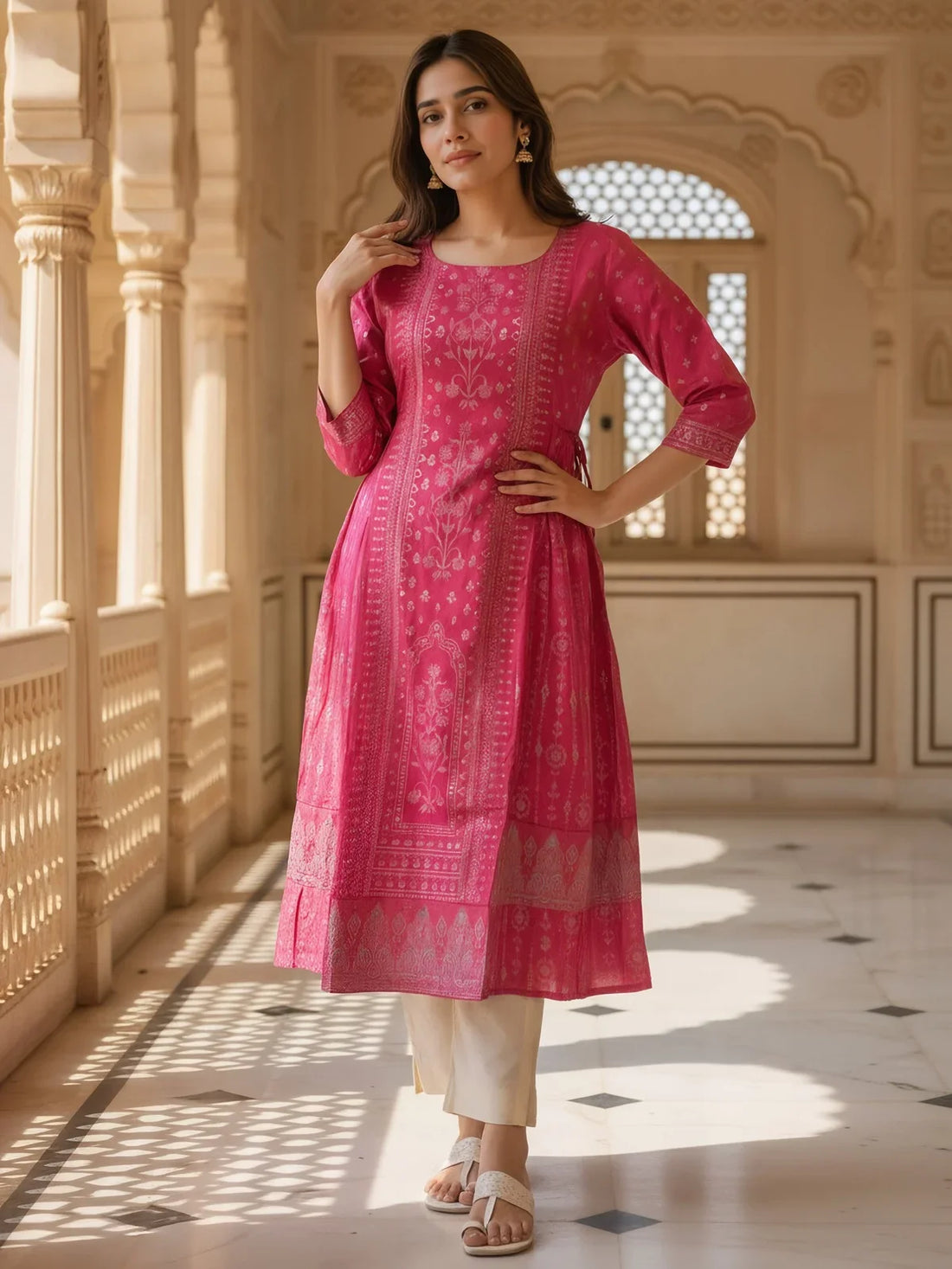 Buy Poly Viscose Printed Anarkali Calf Length Kurta-Pink