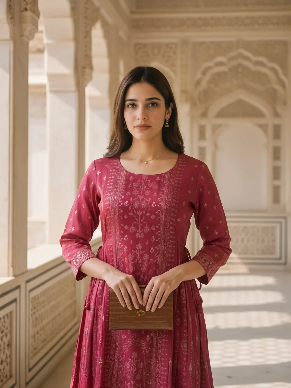 Buy Poly Viscose Printed Anarkali Calf Length Kurta-Pink