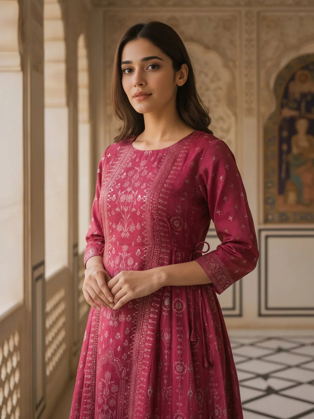 Buy Poly Viscose Printed Anarkali Calf Length Kurta-Pink
