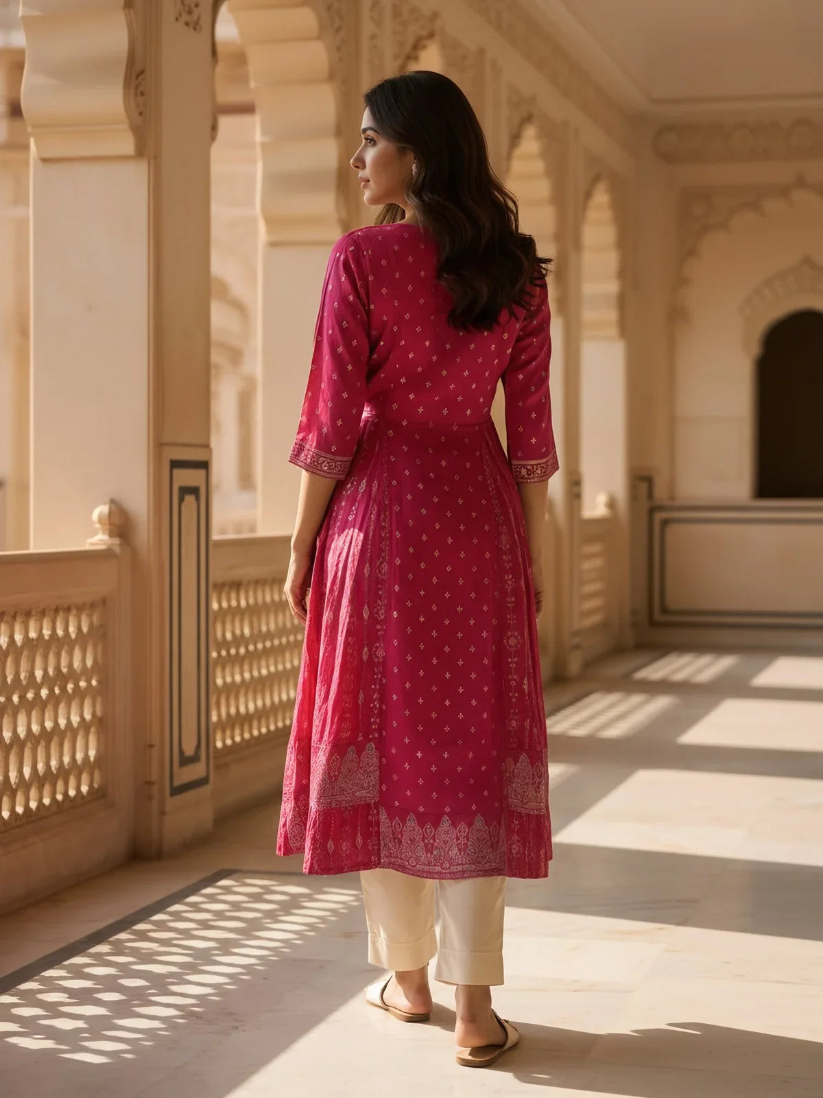 Buy Poly Viscose Printed Anarkali Calf Length Kurta-Pink