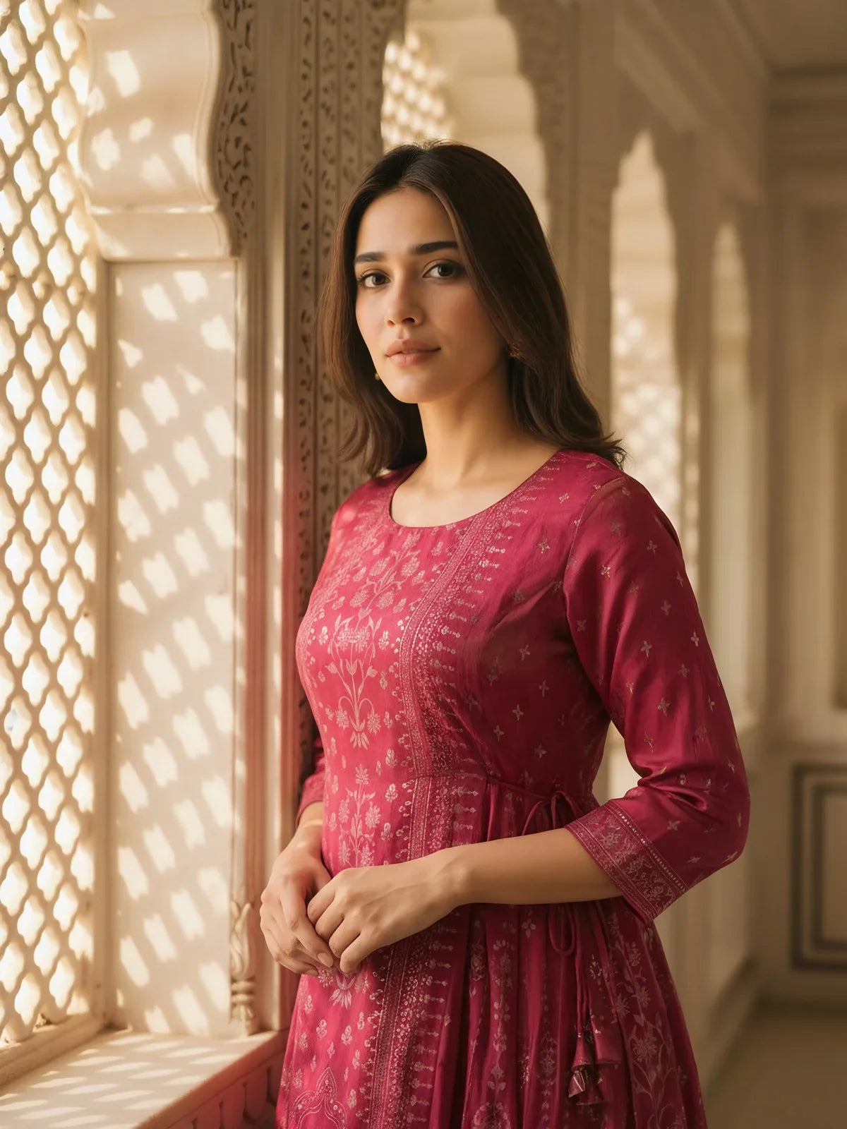 Buy Poly Viscose Printed Anarkali Calf Length Kurta-Pink